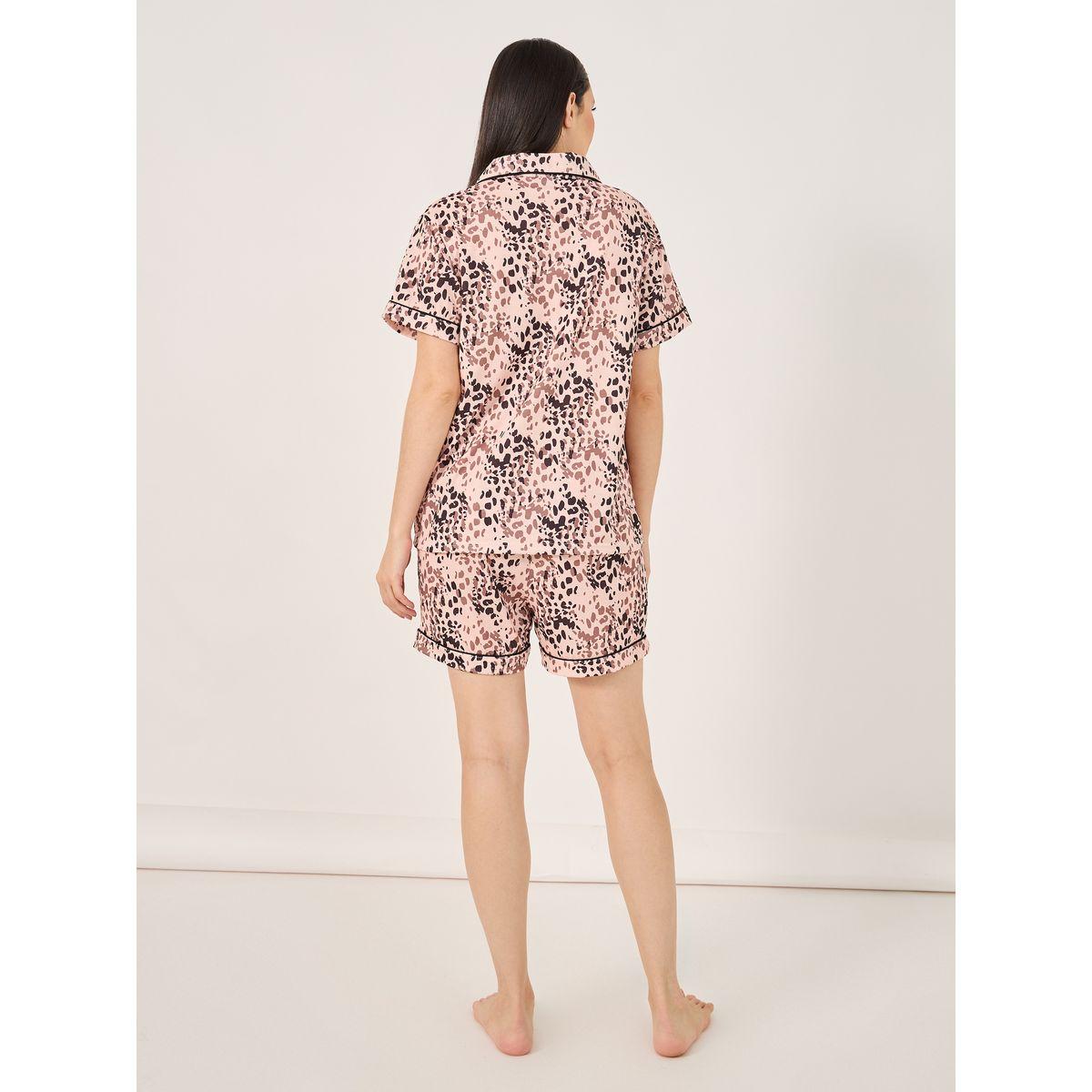 All Over Leopard Print Button Placket Shirt and Shorts Set-women-clothing-nightwear-pyjamas-shortsets-image-5