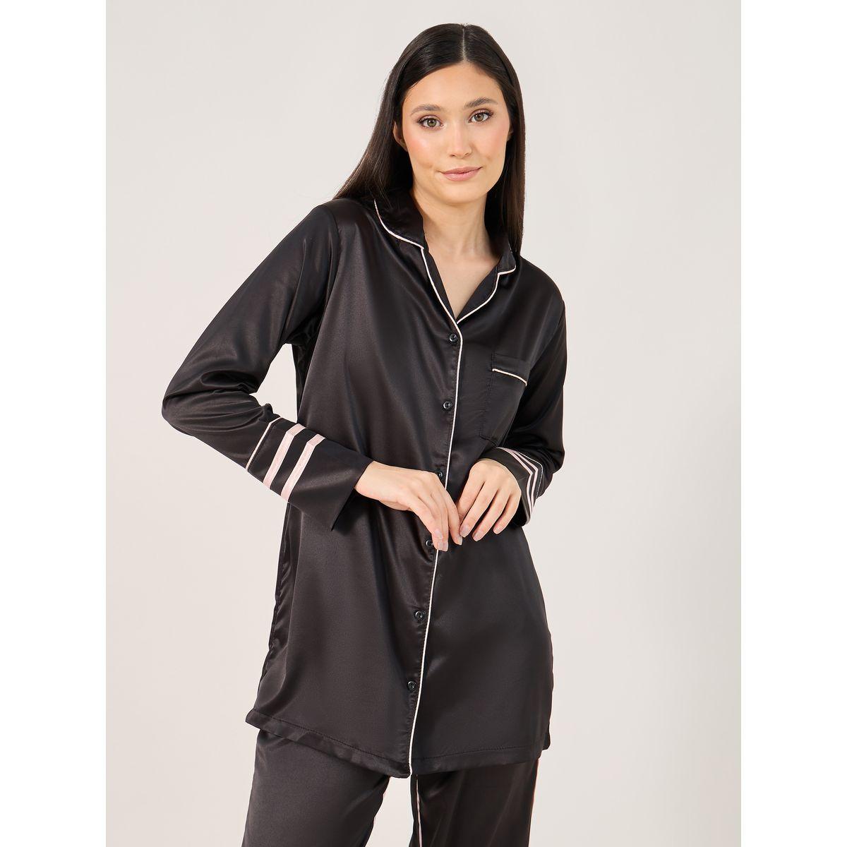 طقم من بنطال بيجاما وبلوزة طويلة بتفاصيل محزوزة-women-clothing-nightwear-pyjamas-longsets-image-2