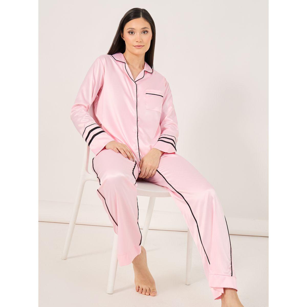 Contrast Piping Detail Longline Shirt and Pyjama Set-women-clothing-nightwear-pyjamas-longsets-image-1