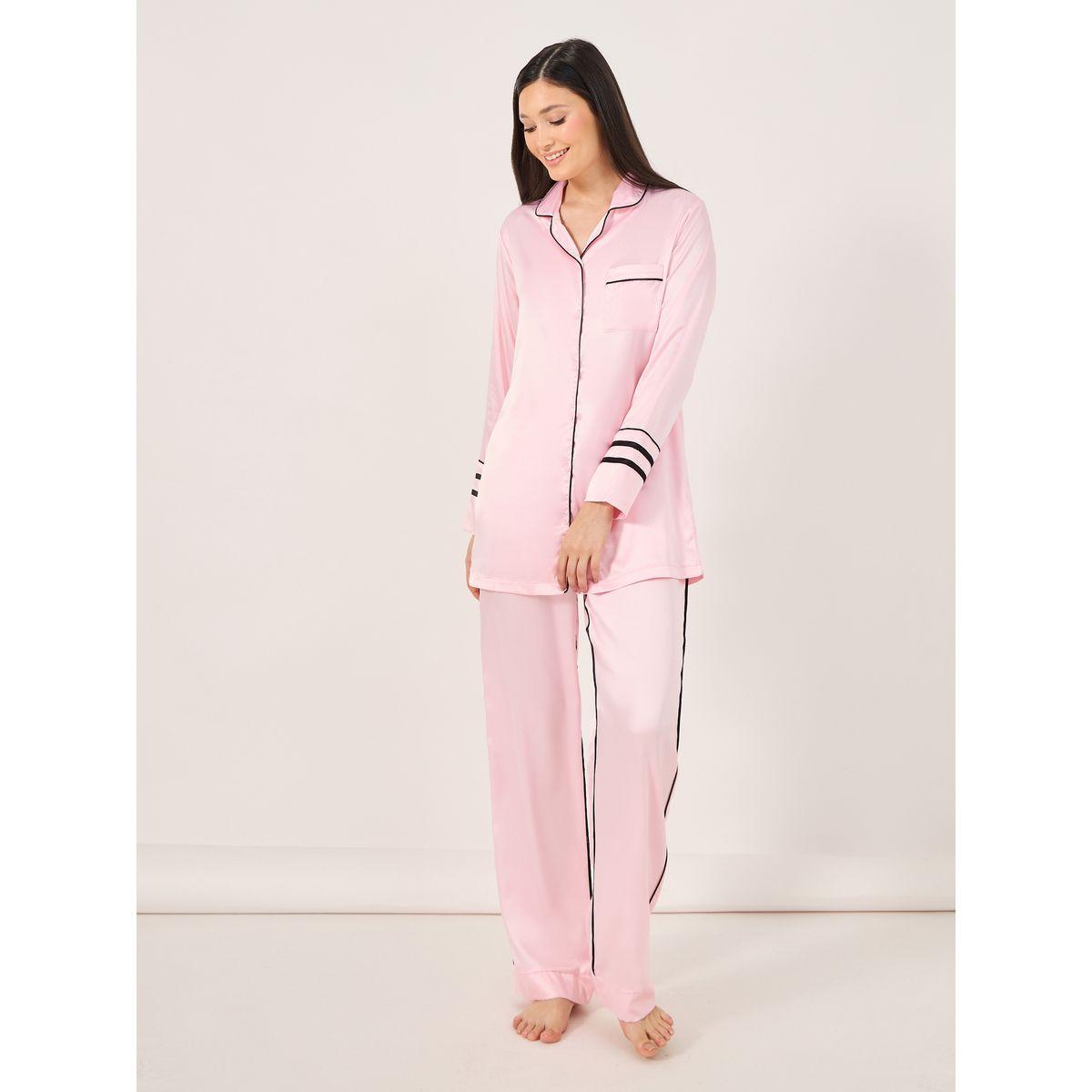 Contrast Piping Detail Longline Shirt and Pyjama Set-women-clothing-nightwear-pyjamas-longsets-image-2