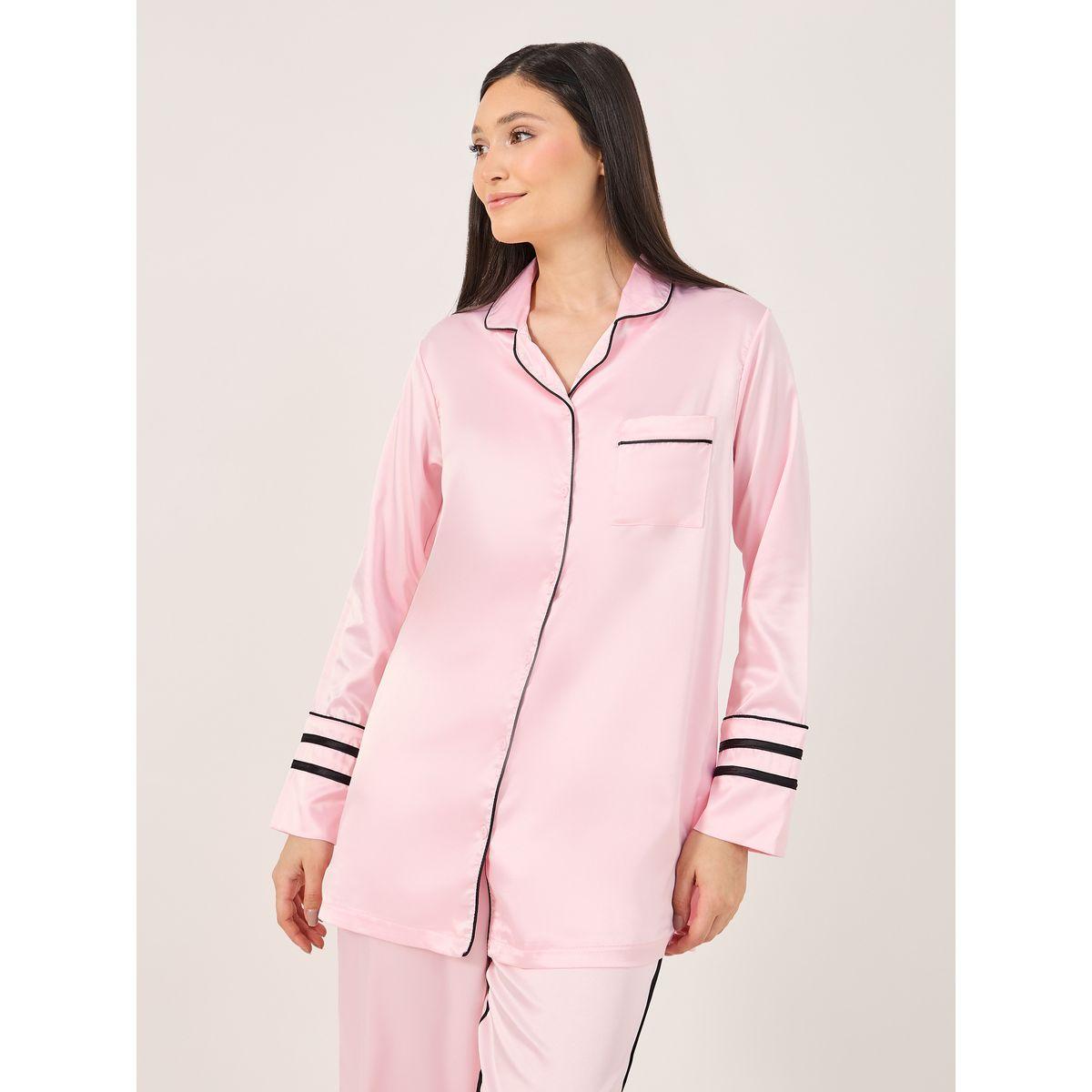 Contrast Piping Detail Longline Shirt and Pyjama Set-women-clothing-nightwear-pyjamas-longsets-image-3