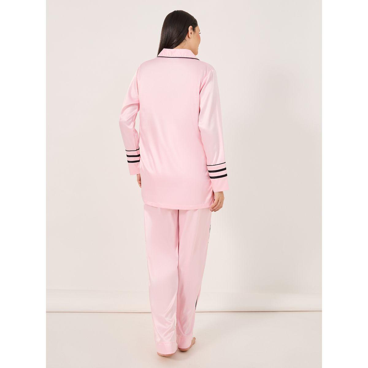 طقم من بنطال بيجاما وبلوزة طويلة بتفاصيل محزوزة-women-clothing-nightwear-pyjamas-longsets-image-5