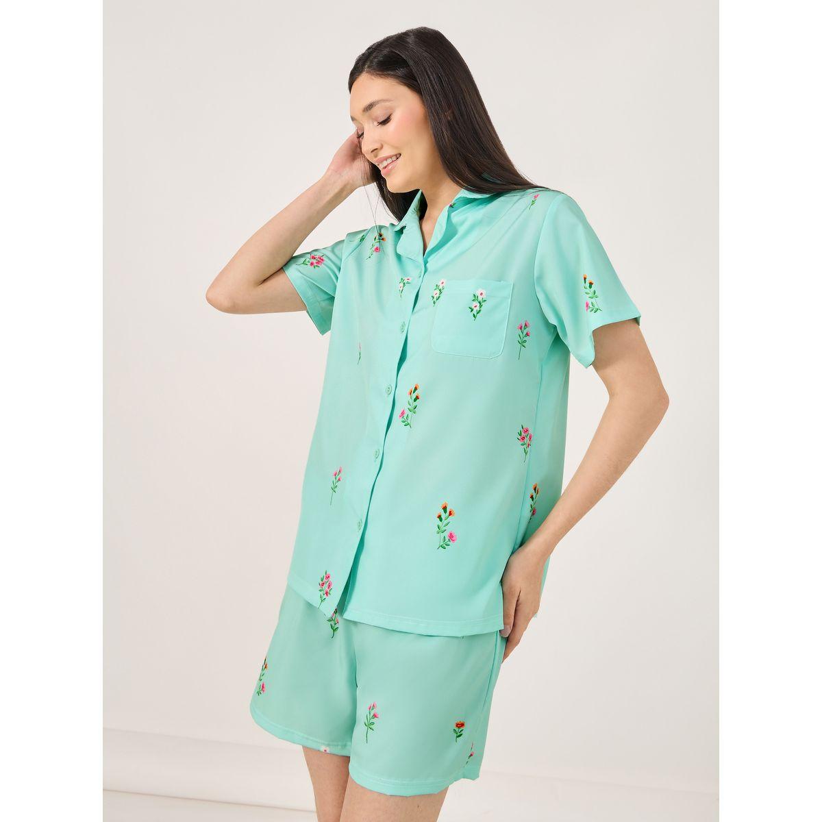 Floral Print Pocket Detail Shirt and Shorts Set-women-clothing-nightwear-pyjamas-shortsets-image-3