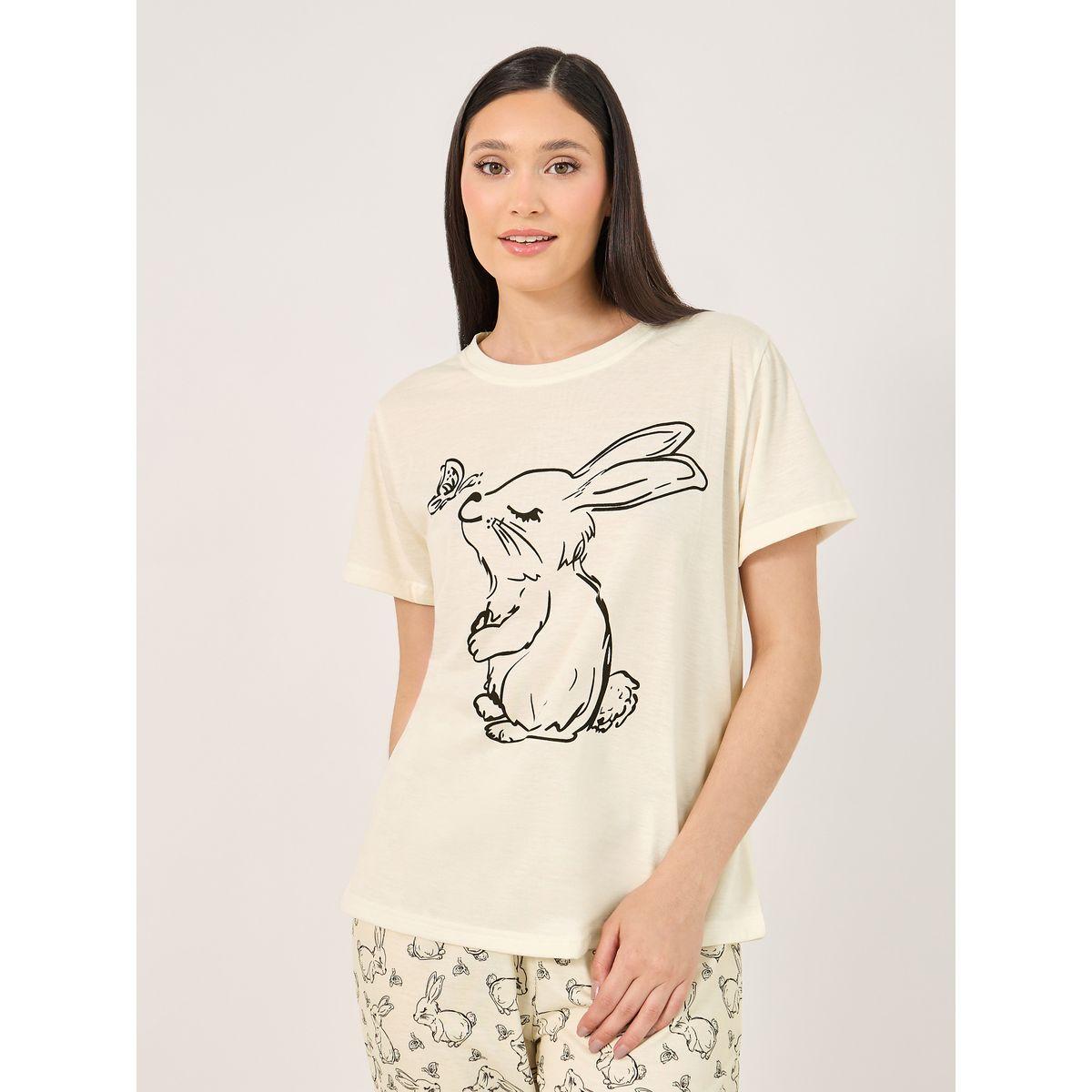 Bunny Print T-Shirt and Cuffed Pyjama Set-women-clothing-nightwear-pyjamas-longsets-image-2