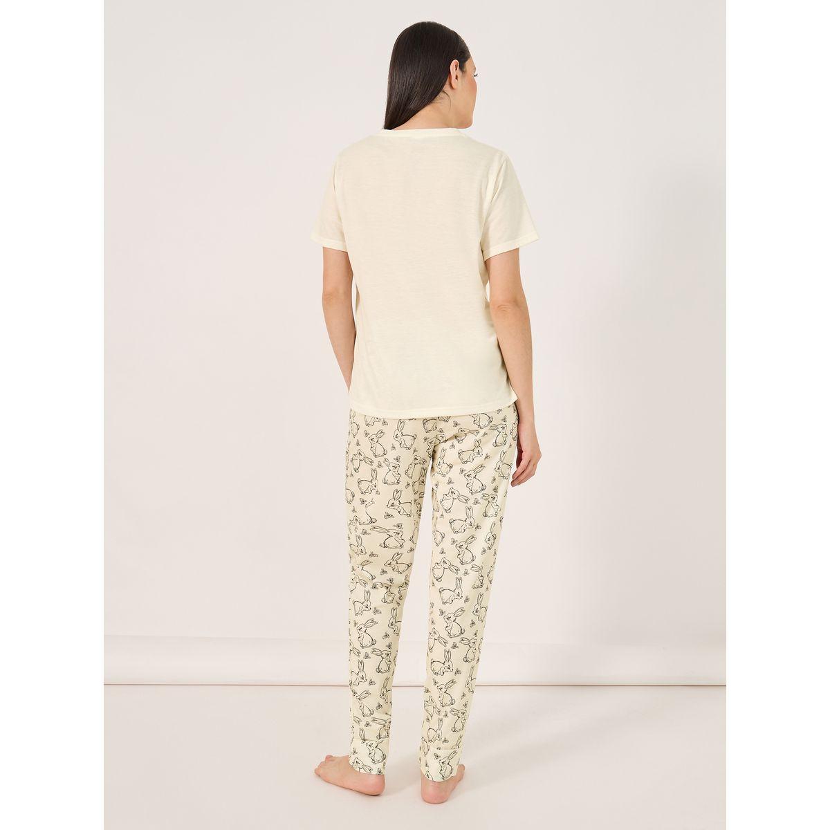 Bunny Print T-Shirt and Cuffed Pyjama Set-women-clothing-nightwear-pyjamas-longsets-image-4