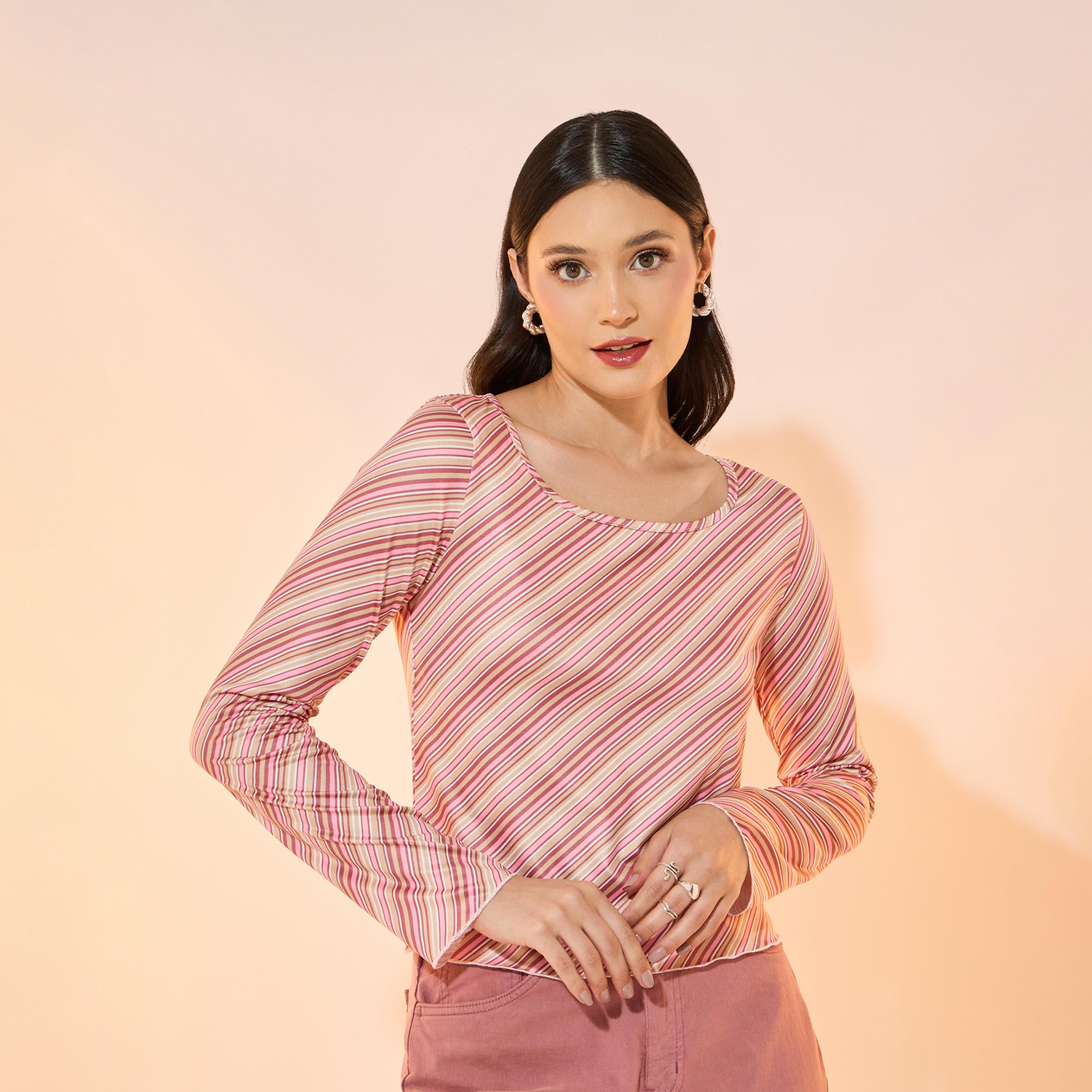 بلوزة مخططة بياقة دائرية وأكمام طويلة-women-clothing-tshirts-image-1