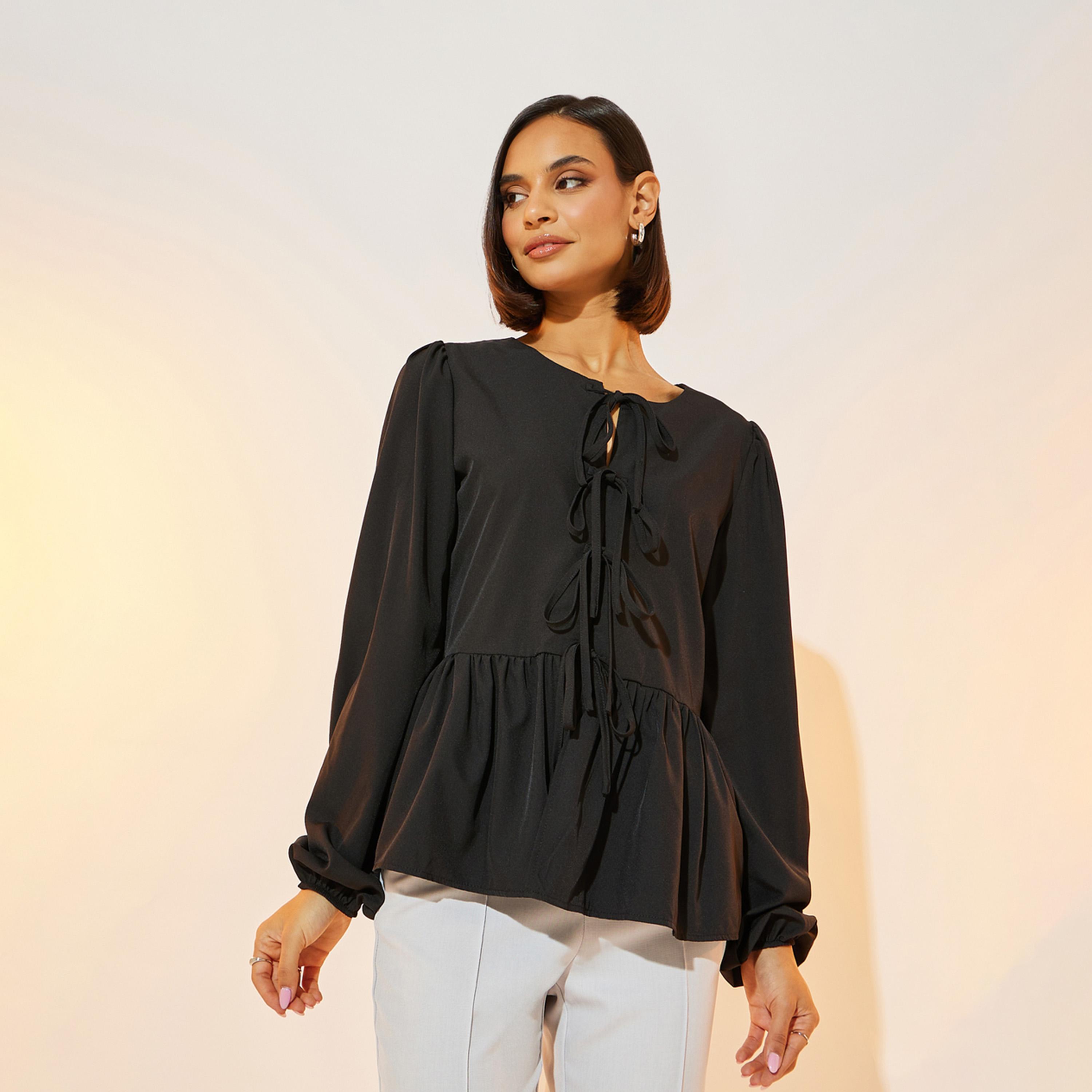 بلوزة بيبلوم بأكمام فوليوم مع أربطة-women-clothing-shirtsandblouses-shirts-image-1