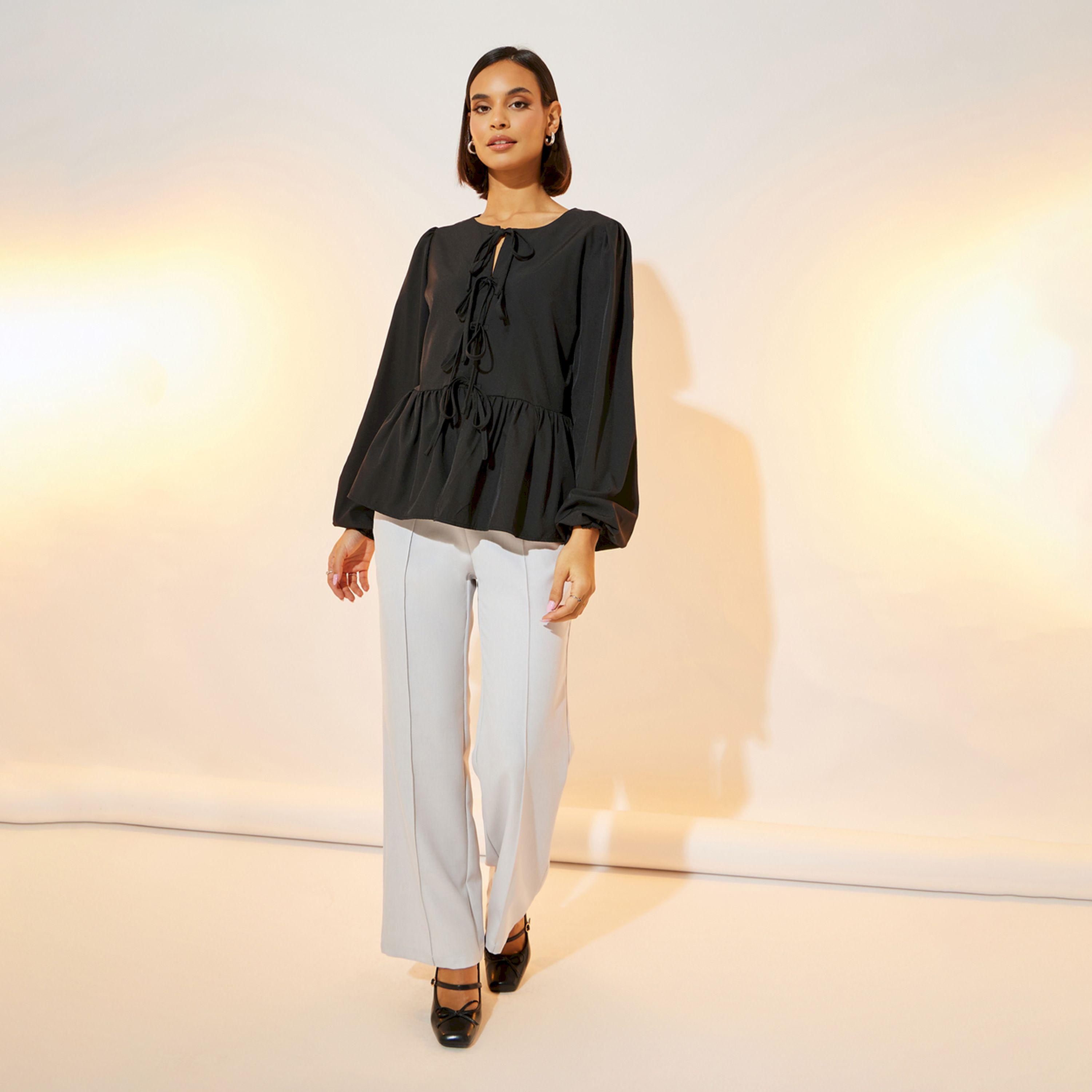 بلوزة بيبلوم بأكمام فوليوم مع أربطة-women-clothing-shirtsandblouses-shirts-image-2