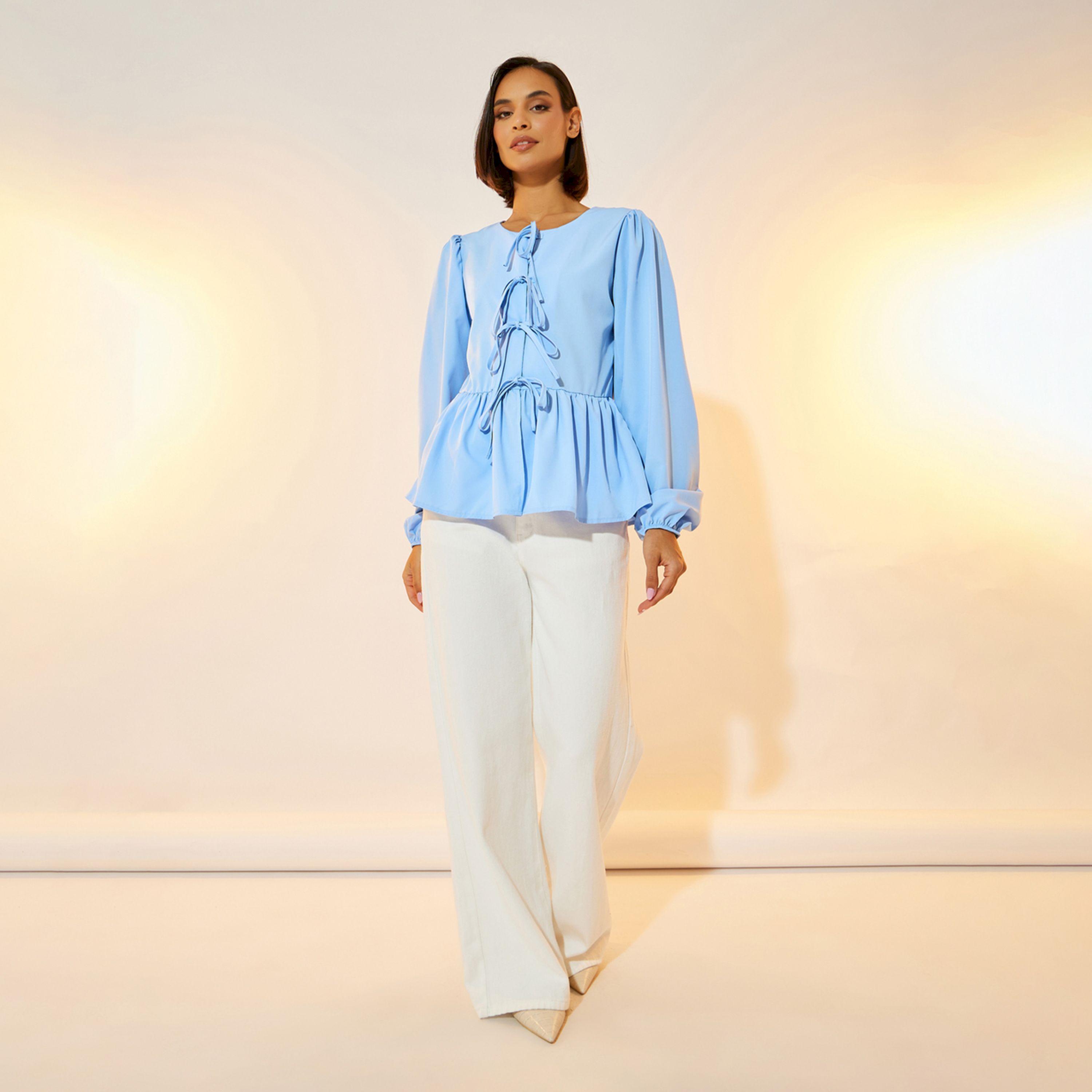 Take Two Solid Long Sleeve Ruffled Hem Shirt with Tie Up Detail-women-clothing-shirtsandblouses-shirts-image-1