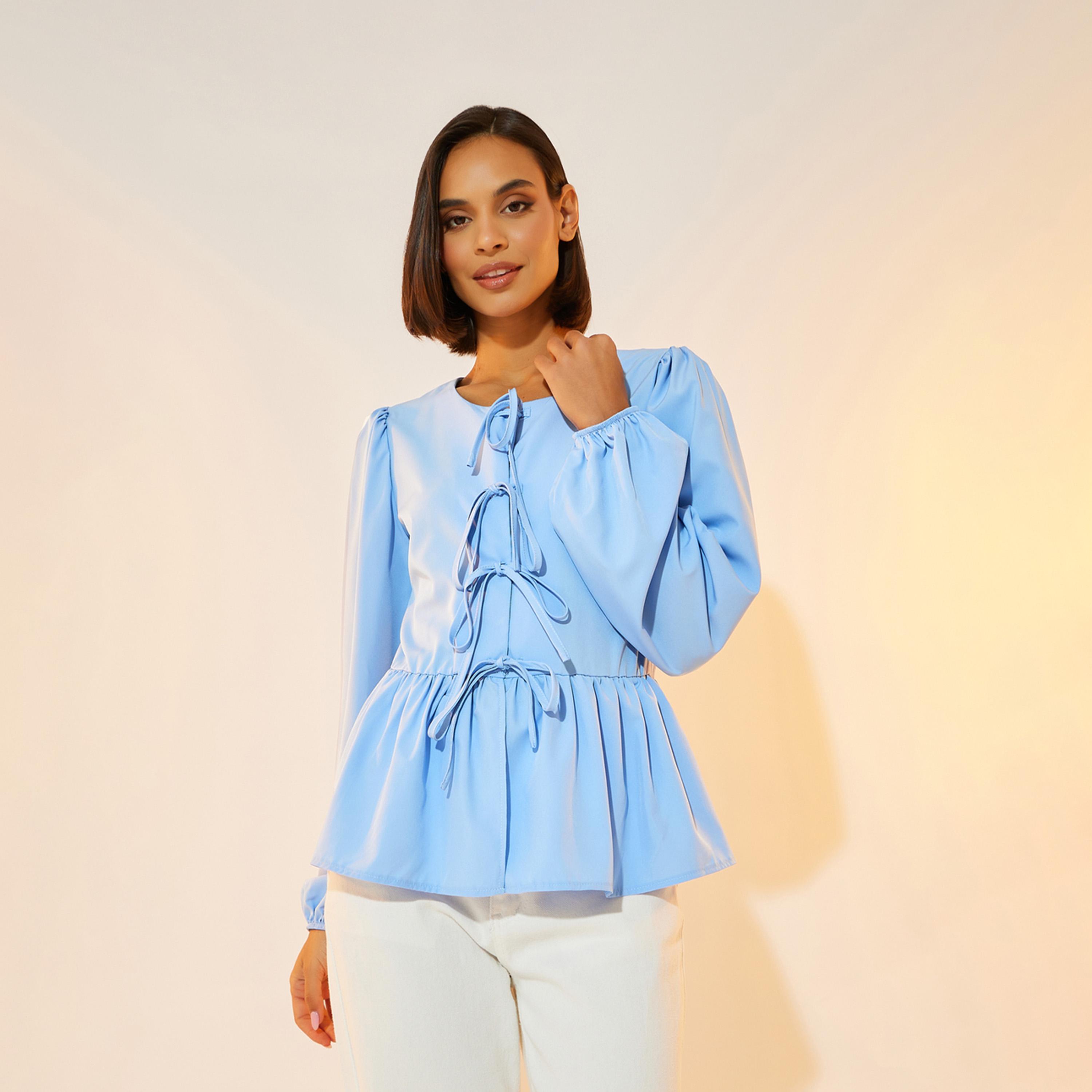 Take Two Solid Long Sleeve Ruffled Hem Shirt with Tie Up Detail-women-clothing-shirtsandblouses-shirts-image-2