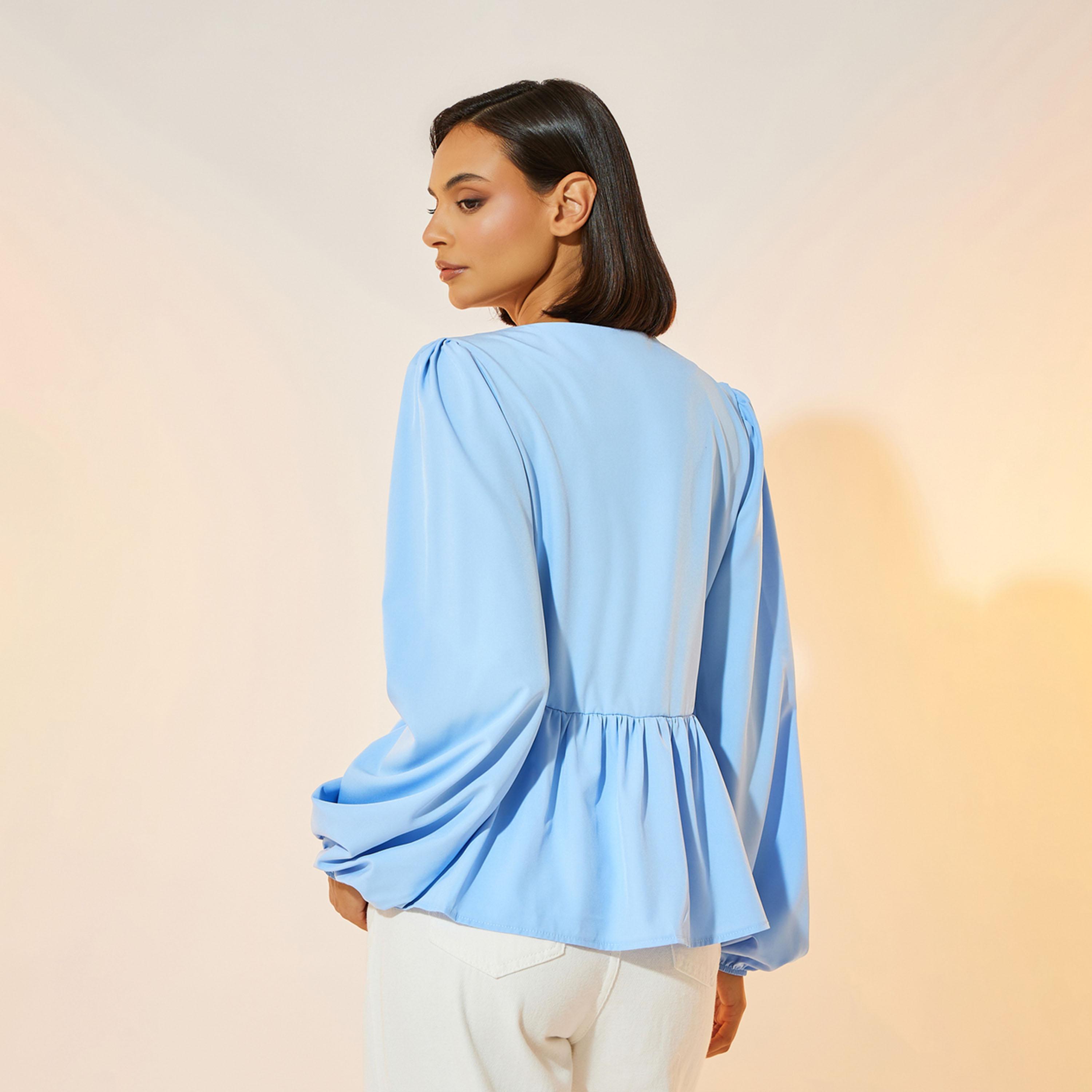 Take Two Solid Long Sleeve Ruffled Hem Shirt with Tie Up Detail-women-clothing-shirtsandblouses-shirts-image-4