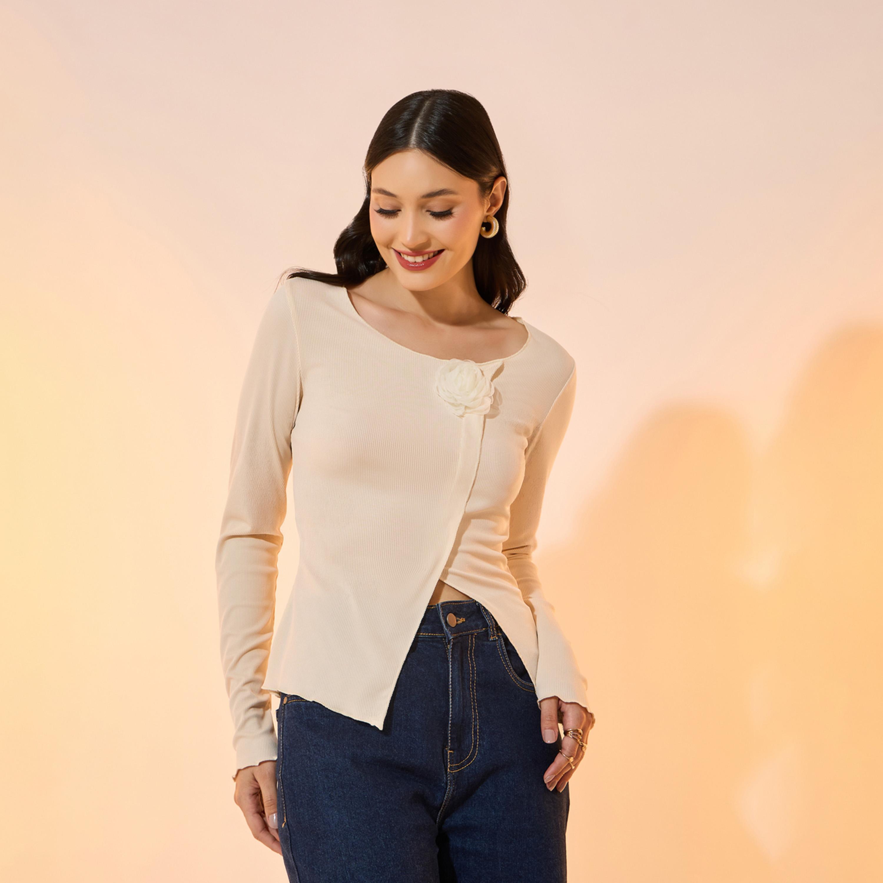 بلوزة سادة محبوكة بحافة غير متماثلة الطول-women-clothing-shirtsandblouses-blouses-image-1