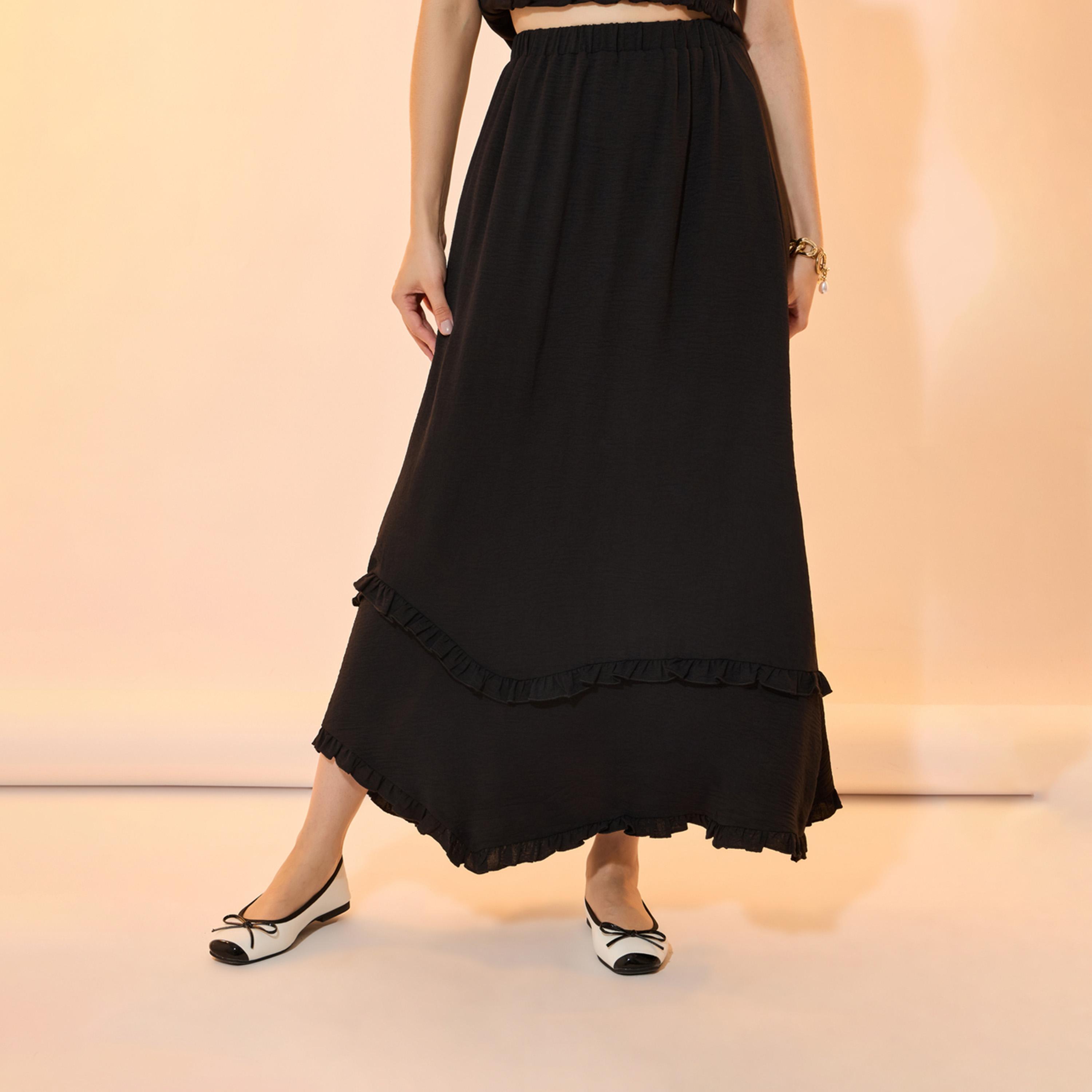 تنورة طويلة سادة بحافة غير متماثلة الطول-women-clothing-bottoms-skirts-image-2