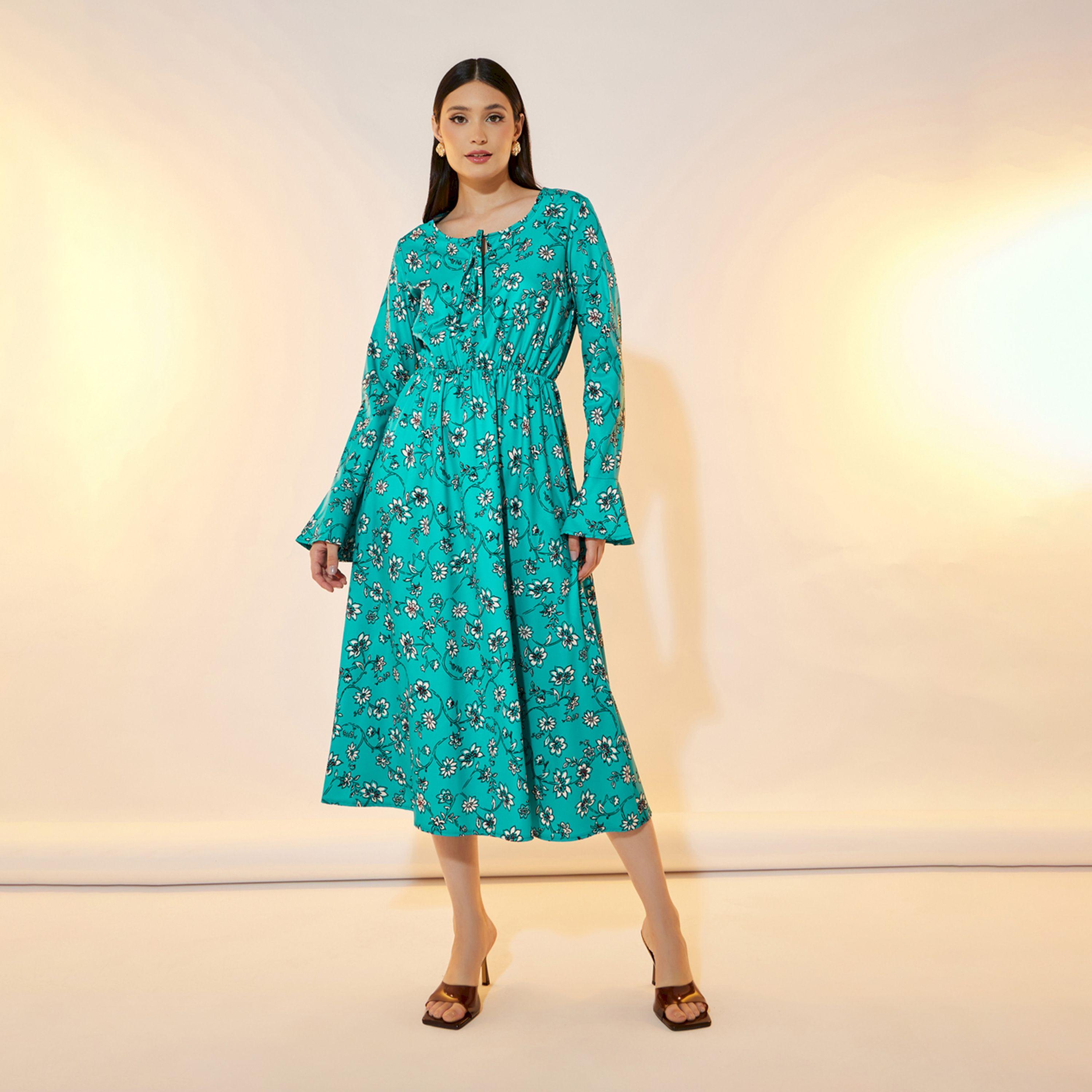 فستان ميدي بطبعة زهور وأكمام بنمط جرس-women-clothing-dresses-image-1