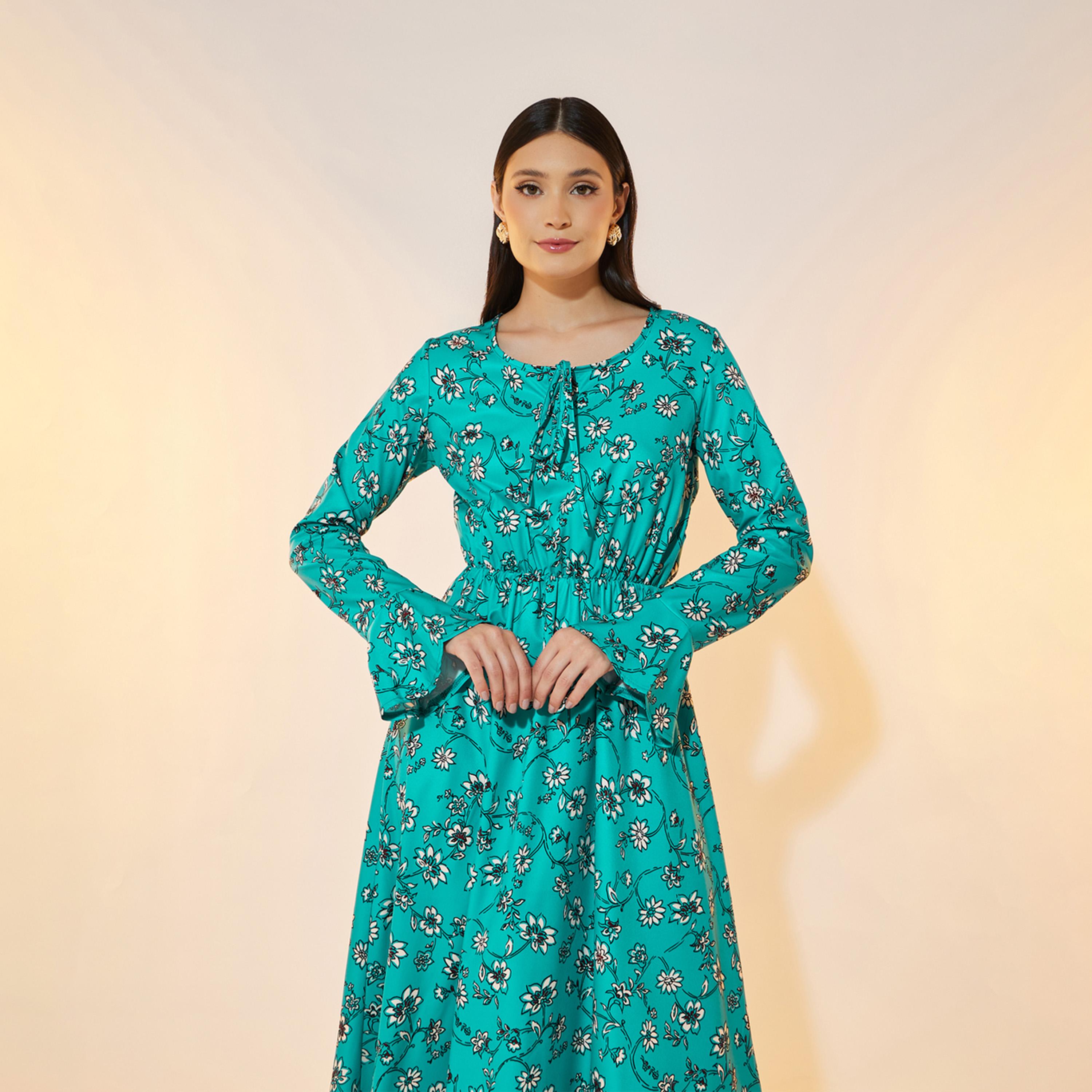 فستان ميدي بطبعة زهور وأكمام بنمط جرس-women-clothing-dresses-image-2