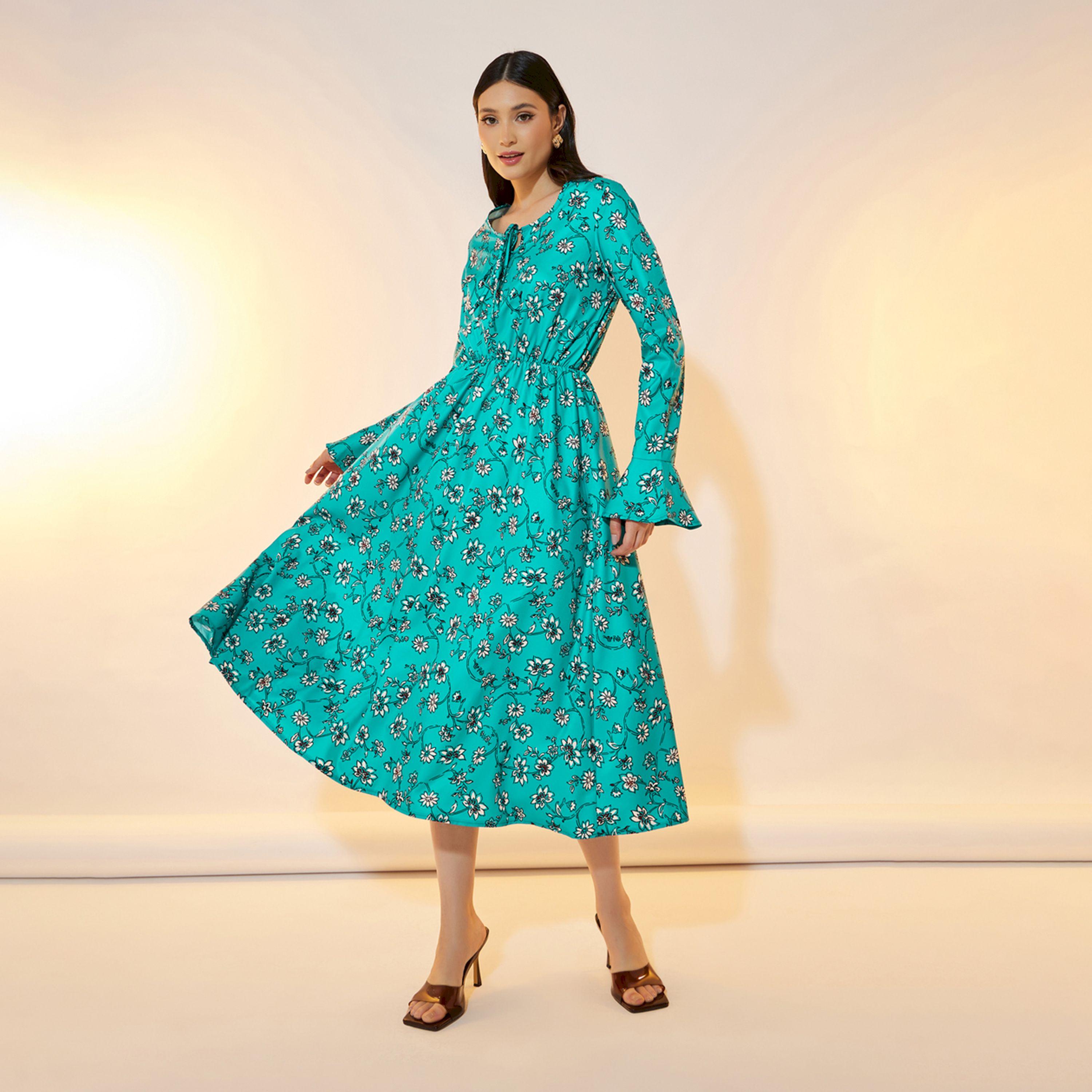 فستان ميدي بطبعة زهور وأكمام بنمط جرس-women-clothing-dresses-image-4
