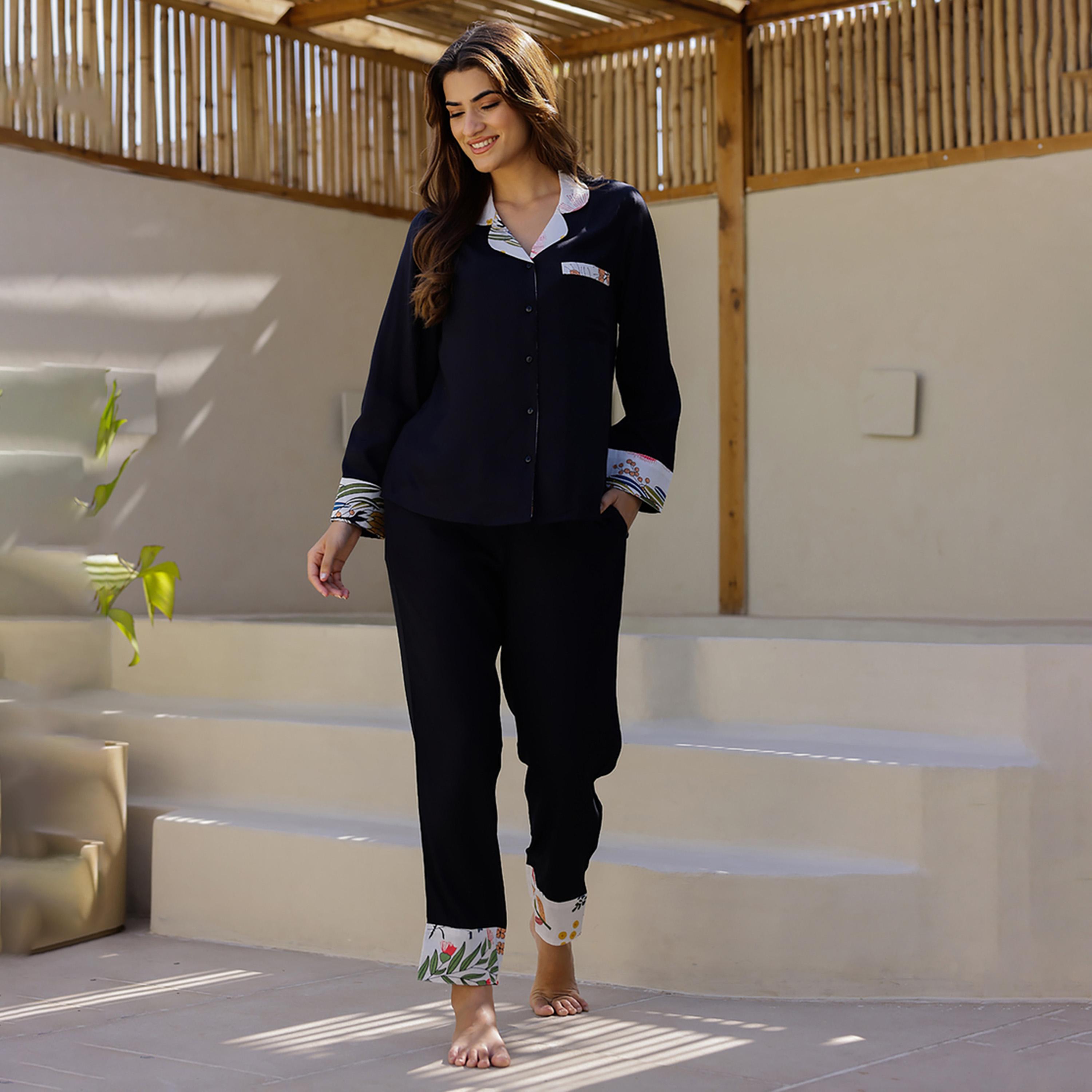 Sanskrutihomes X Styli Notch Lapel Shirt And Pyjama Set With Contrast Trim-women-clothing-nightwear-pyjamas-longsets-image-1