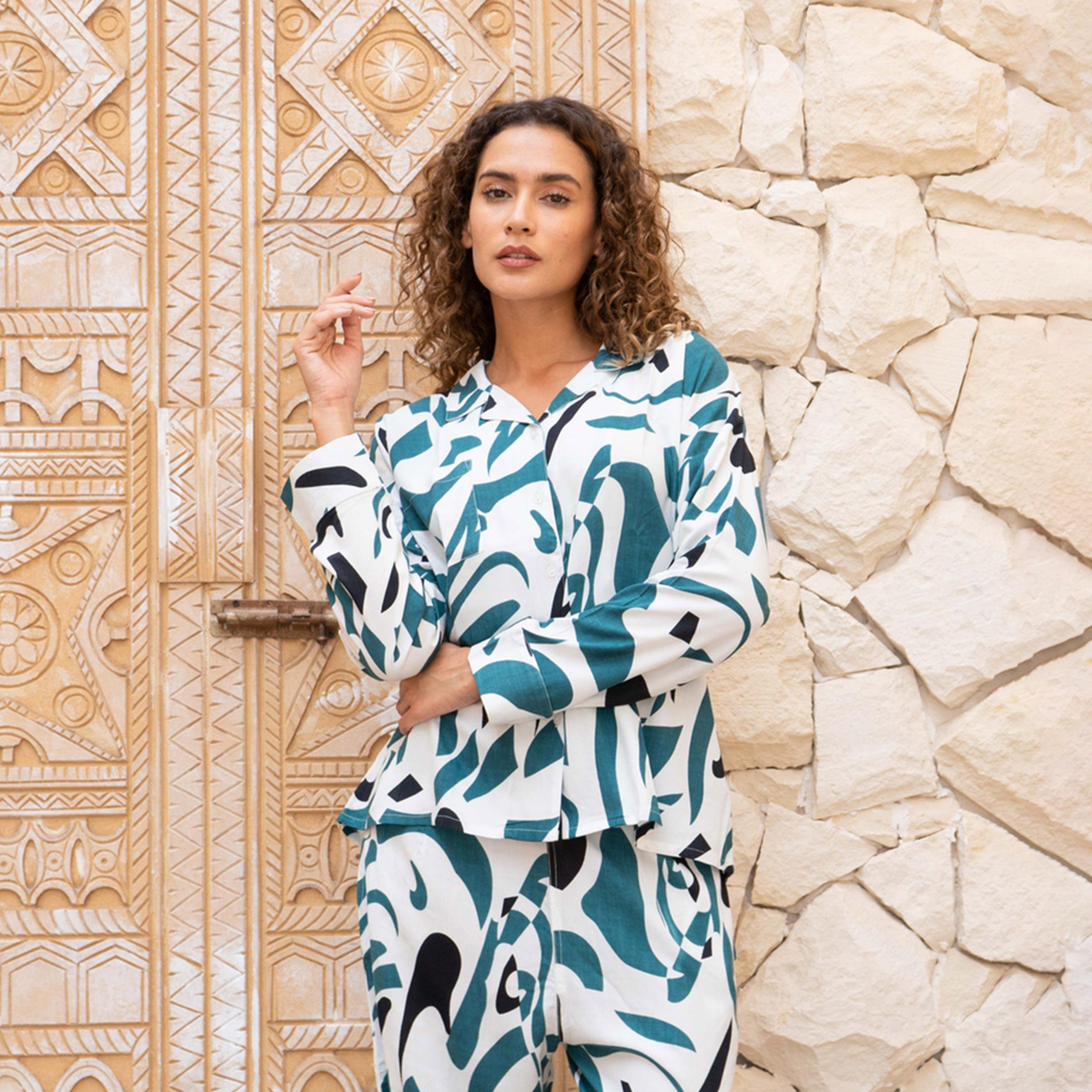 Sanskrutihomes X Styli Abstract Printed Spread Collar Shirt And Pyjama Set-women-clothing-nightwear-pyjamas-longsets-image-5