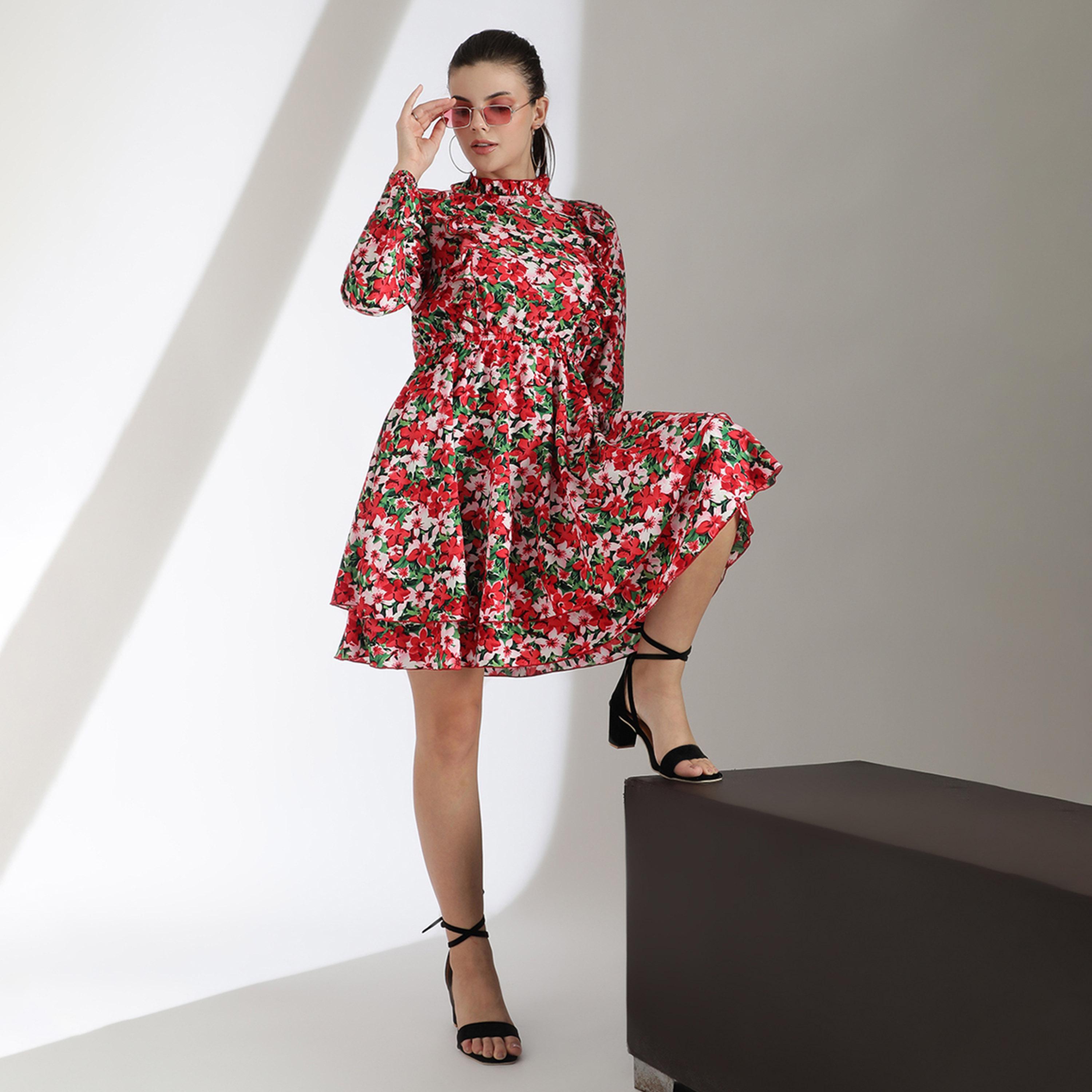 كوتي × ستايلي - فستان نسائي طبقات بقصّة واسعة وأكمام مطوية وطبعة زهور-women-clothing-dresses-image-1