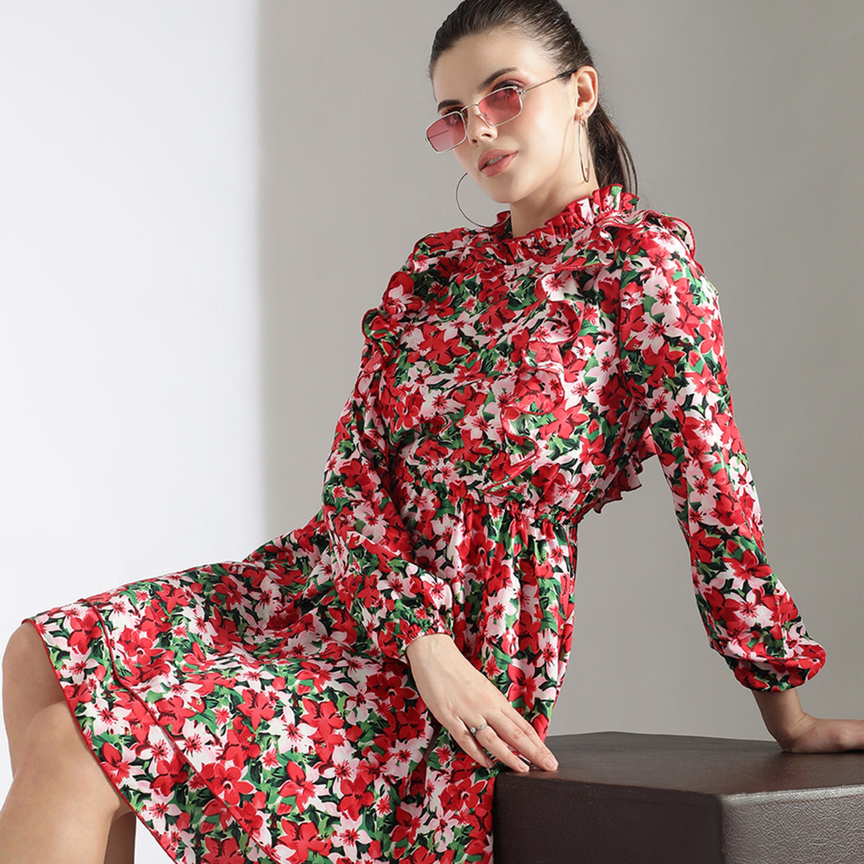 كوتي × ستايلي - فستان نسائي طبقات بقصّة واسعة وأكمام مطوية وطبعة زهور-women-clothing-dresses-image-2