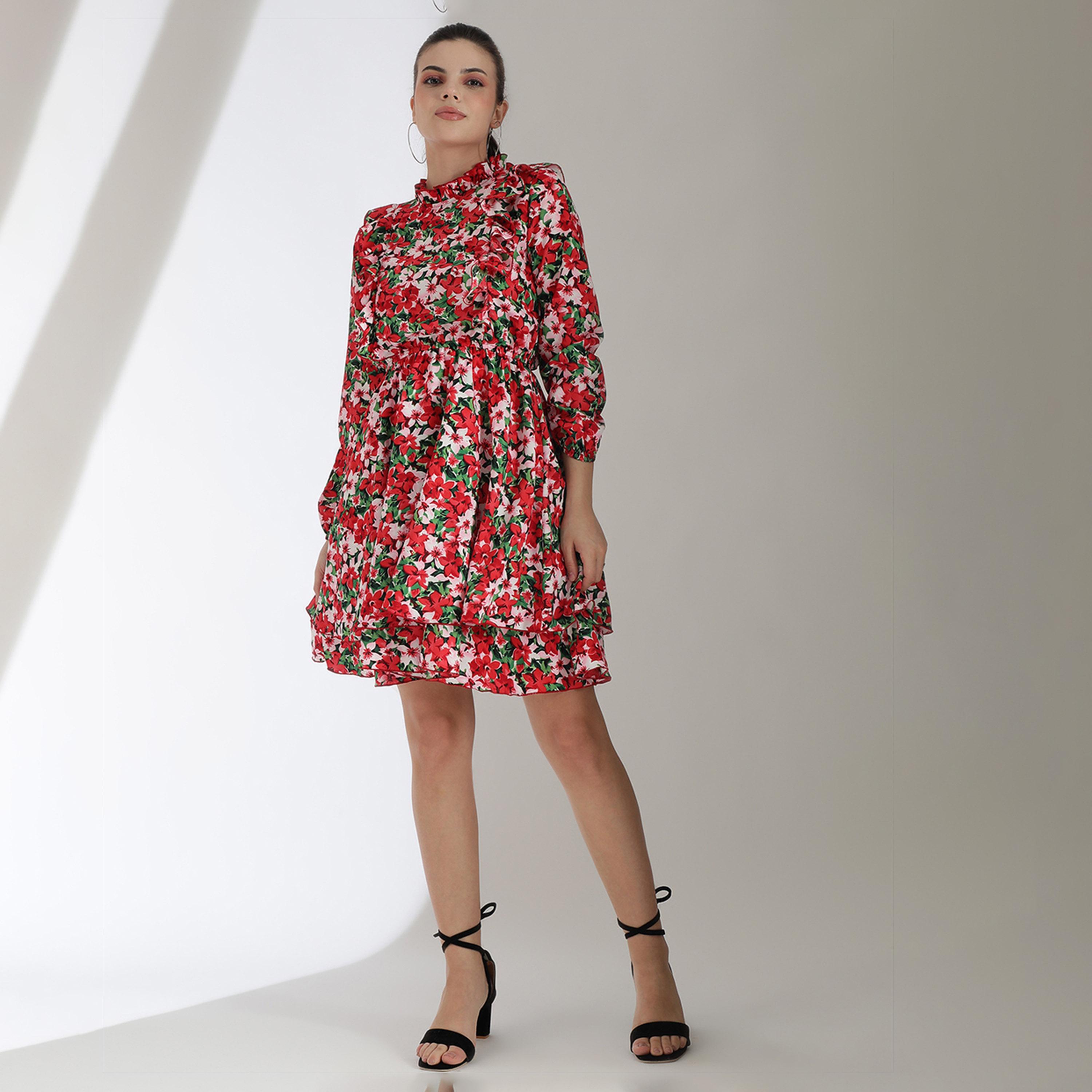 كوتي × ستايلي - فستان نسائي طبقات بقصّة واسعة وأكمام مطوية وطبعة زهور-women-clothing-dresses-image-4