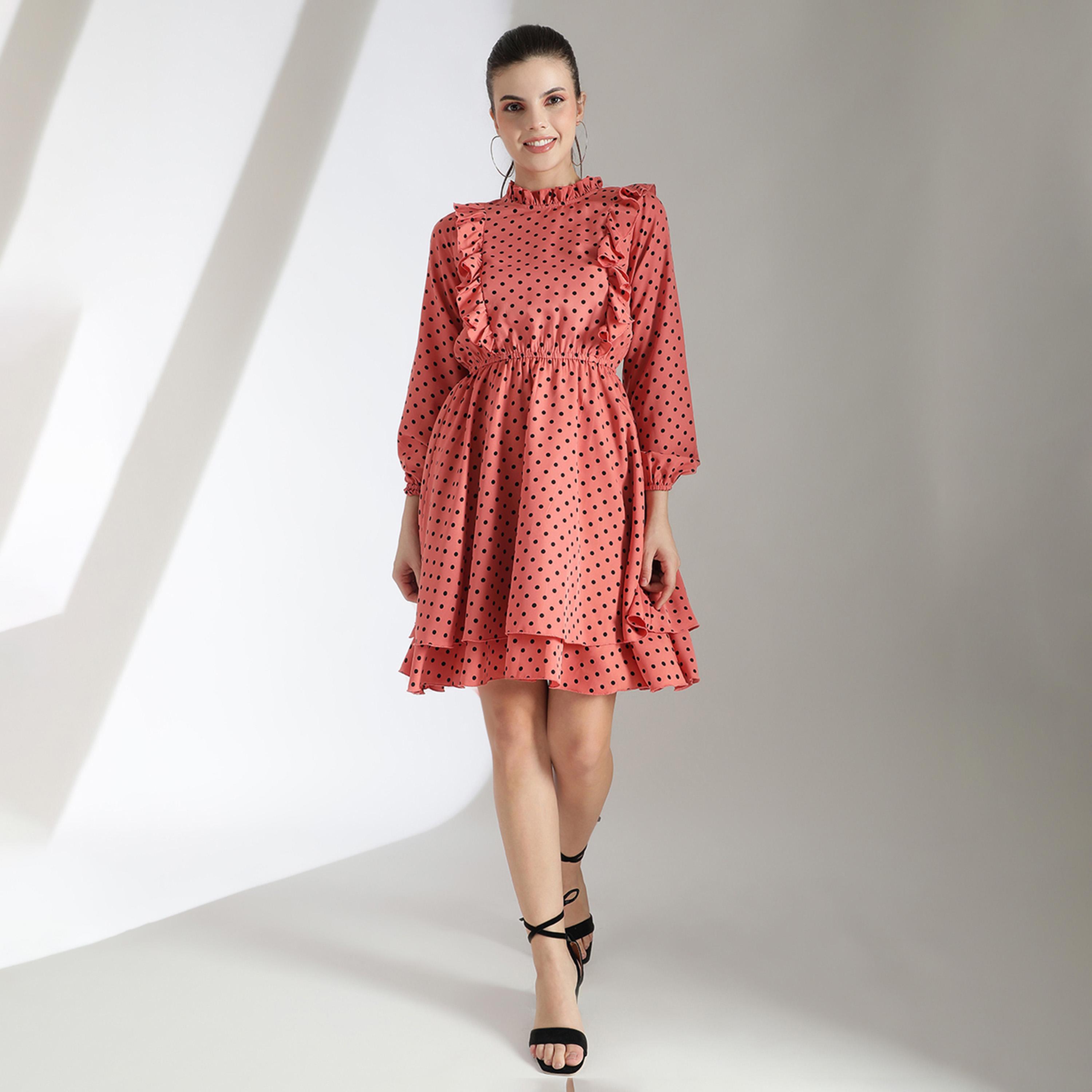 Kotty X Styli Womens Polka Dot Print Cuffed Sleeve Layered Fit Flare Dress-women-clothing-dresses-image-3