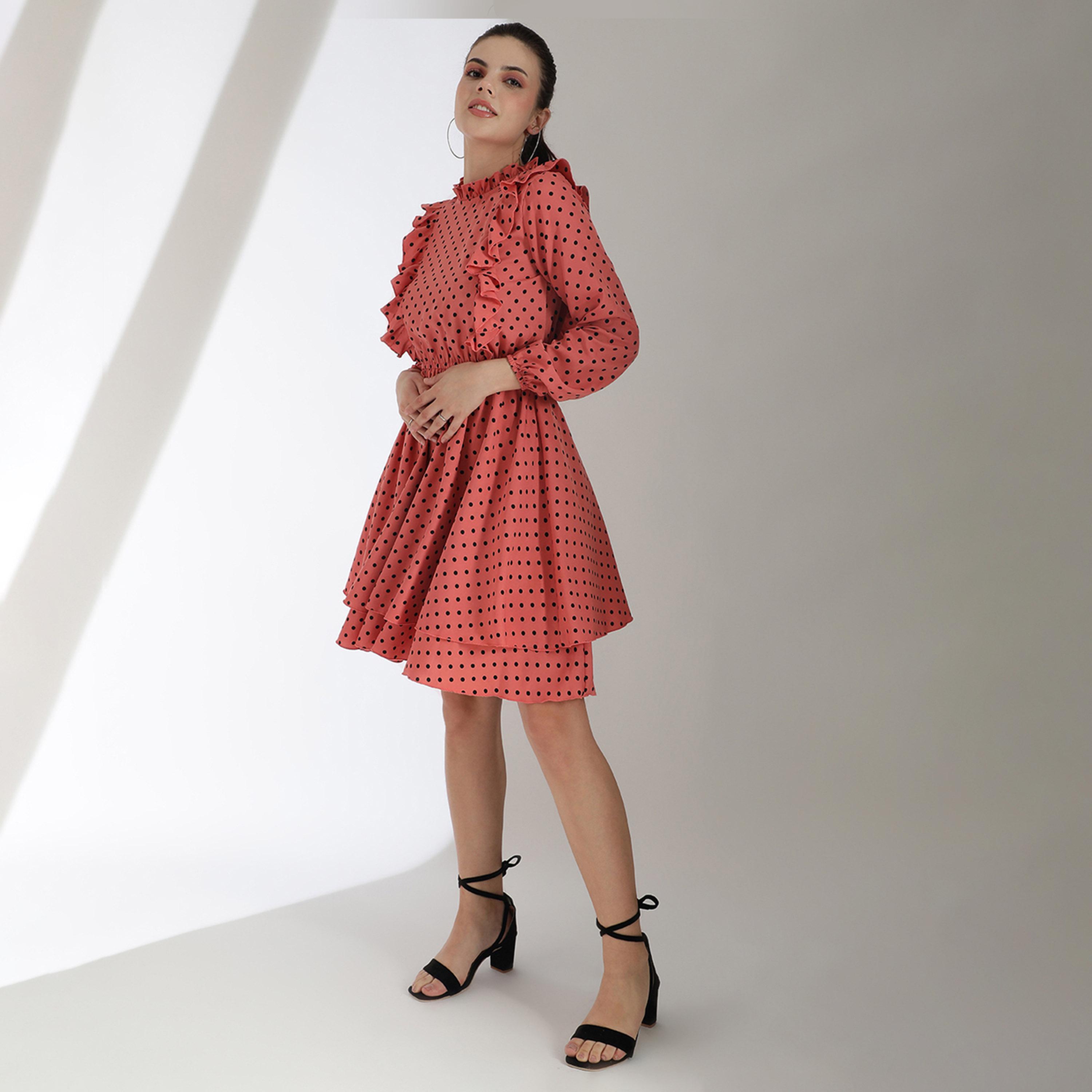 Kotty X Styli Womens Polka Dot Print Cuffed Sleeve Layered Fit Flare Dress-women-clothing-dresses-image-4