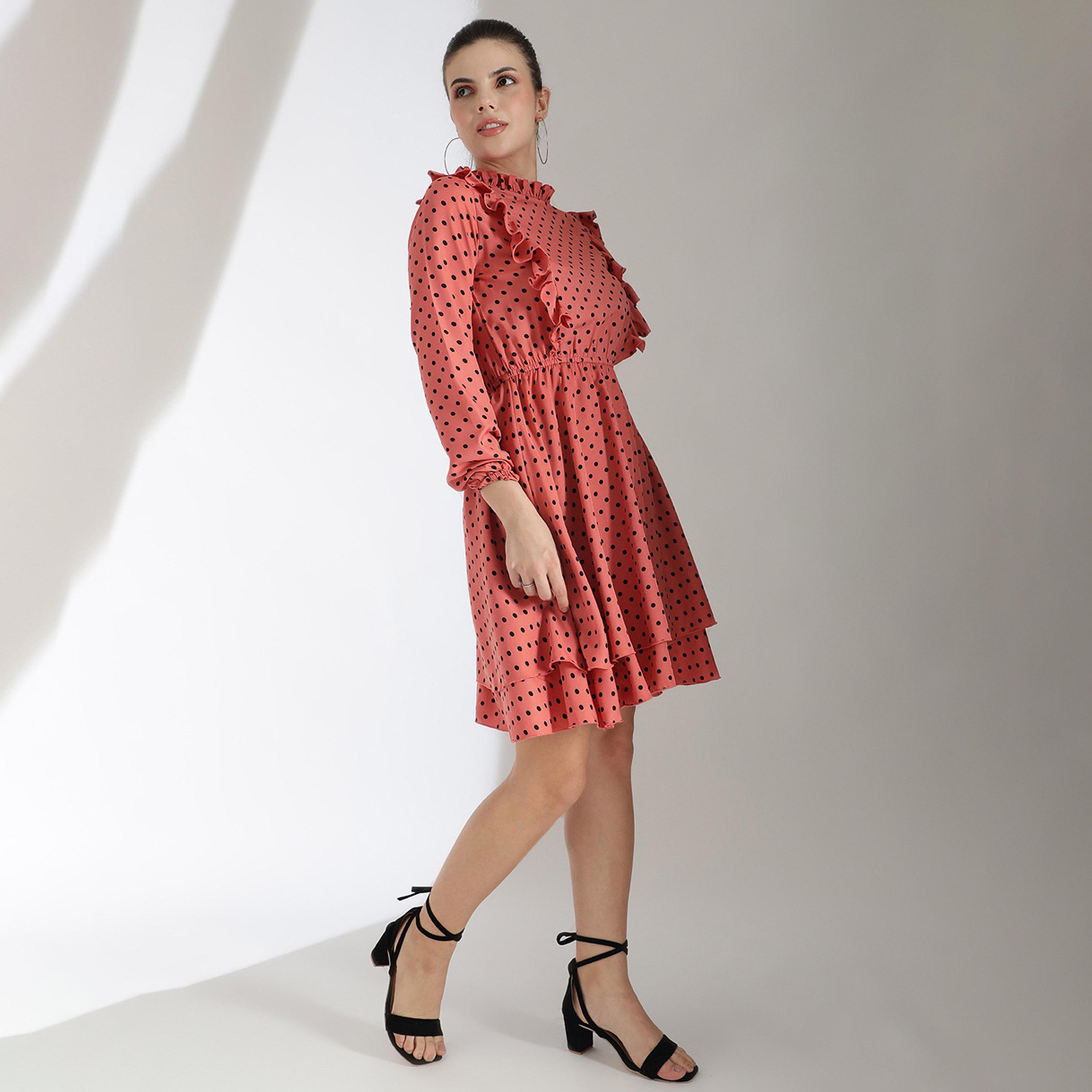Kotty X Styli Womens Polka Dot Print Cuffed Sleeve Layered Fit Flare Dress-women-clothing-dresses-image-5