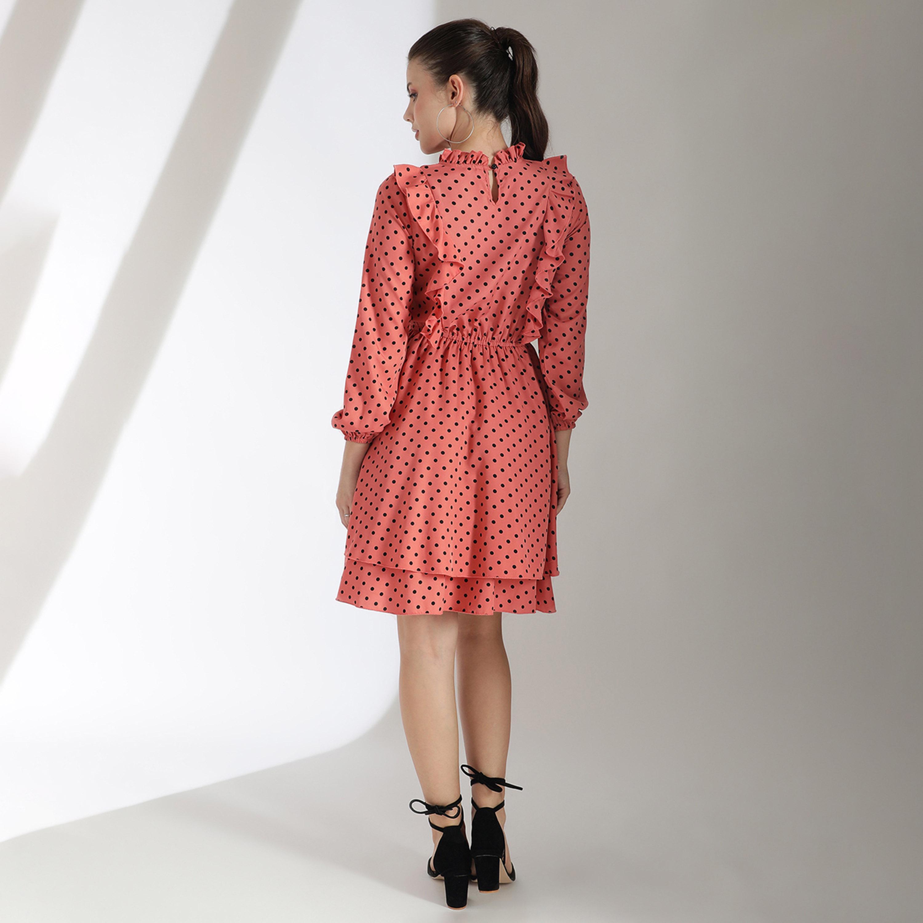 Kotty X Styli Womens Polka Dot Print Cuffed Sleeve Layered Fit Flare Dress-women-clothing-dresses-image-6