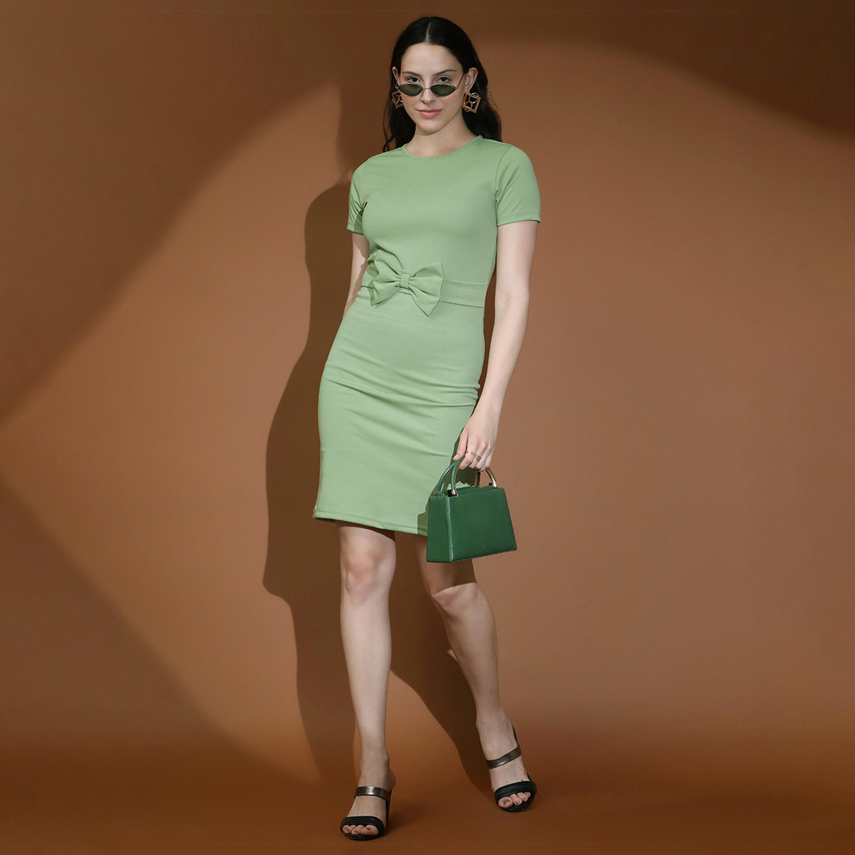 Kotty X Styli Womens Green Round Neck Bow T-Shirt Dress-women-clothing-dresses-image-1