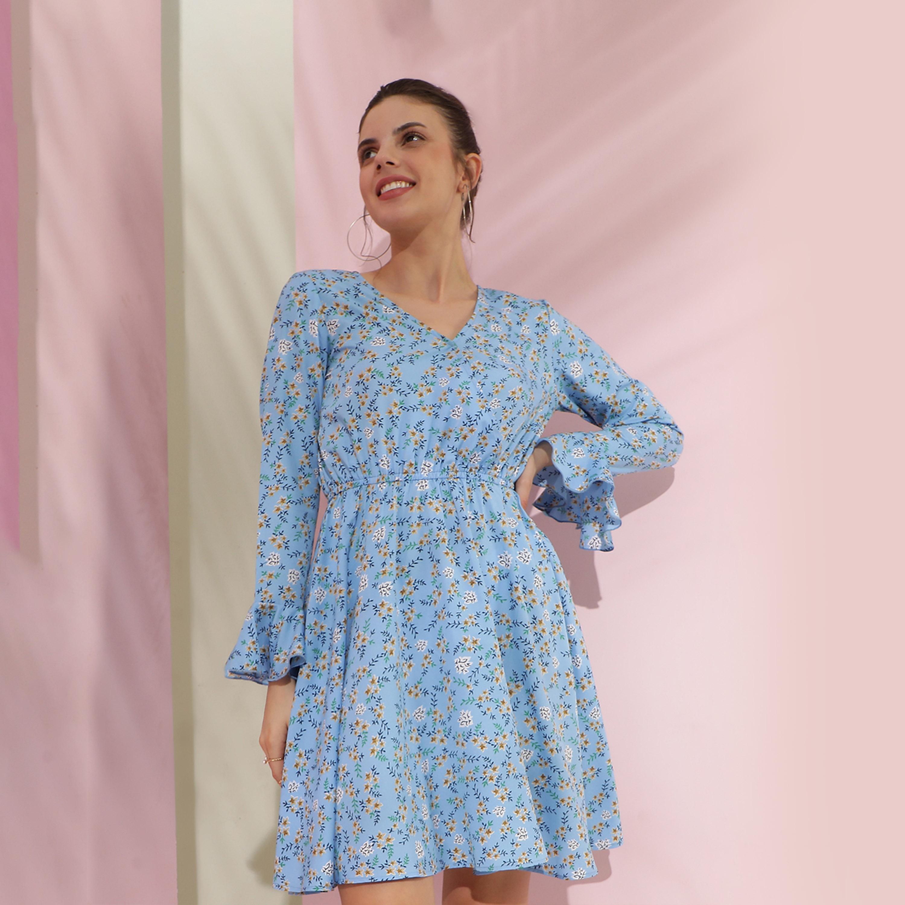 كوتي × ستايلي - فستان نسائي بقصّة واسعة من الكريب مطبوع بالورود بأكمام واسعة-women-clothing-dresses-image-1