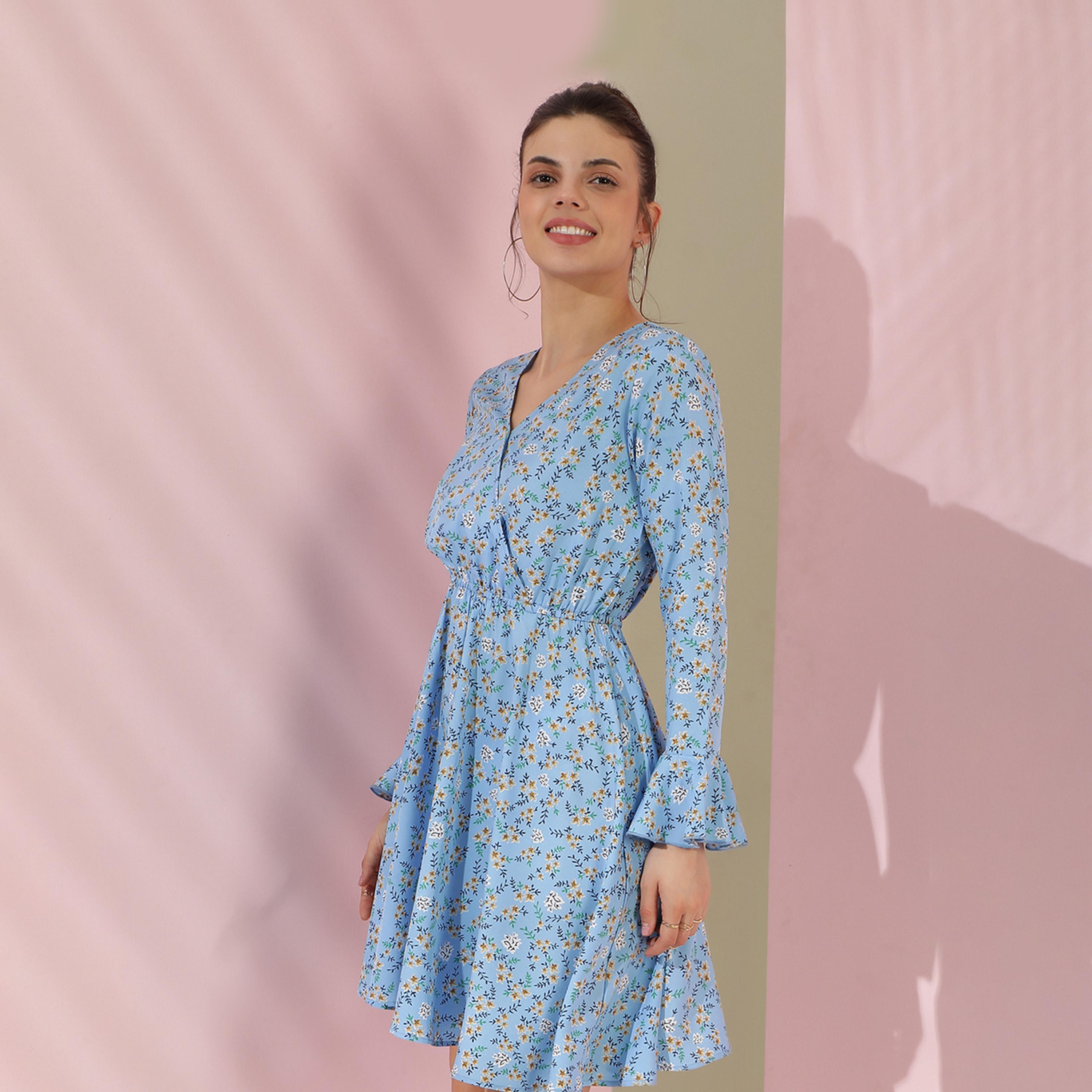 كوتي × ستايلي - فستان نسائي بقصّة واسعة من الكريب مطبوع بالورود بأكمام واسعة-women-clothing-dresses-image-2