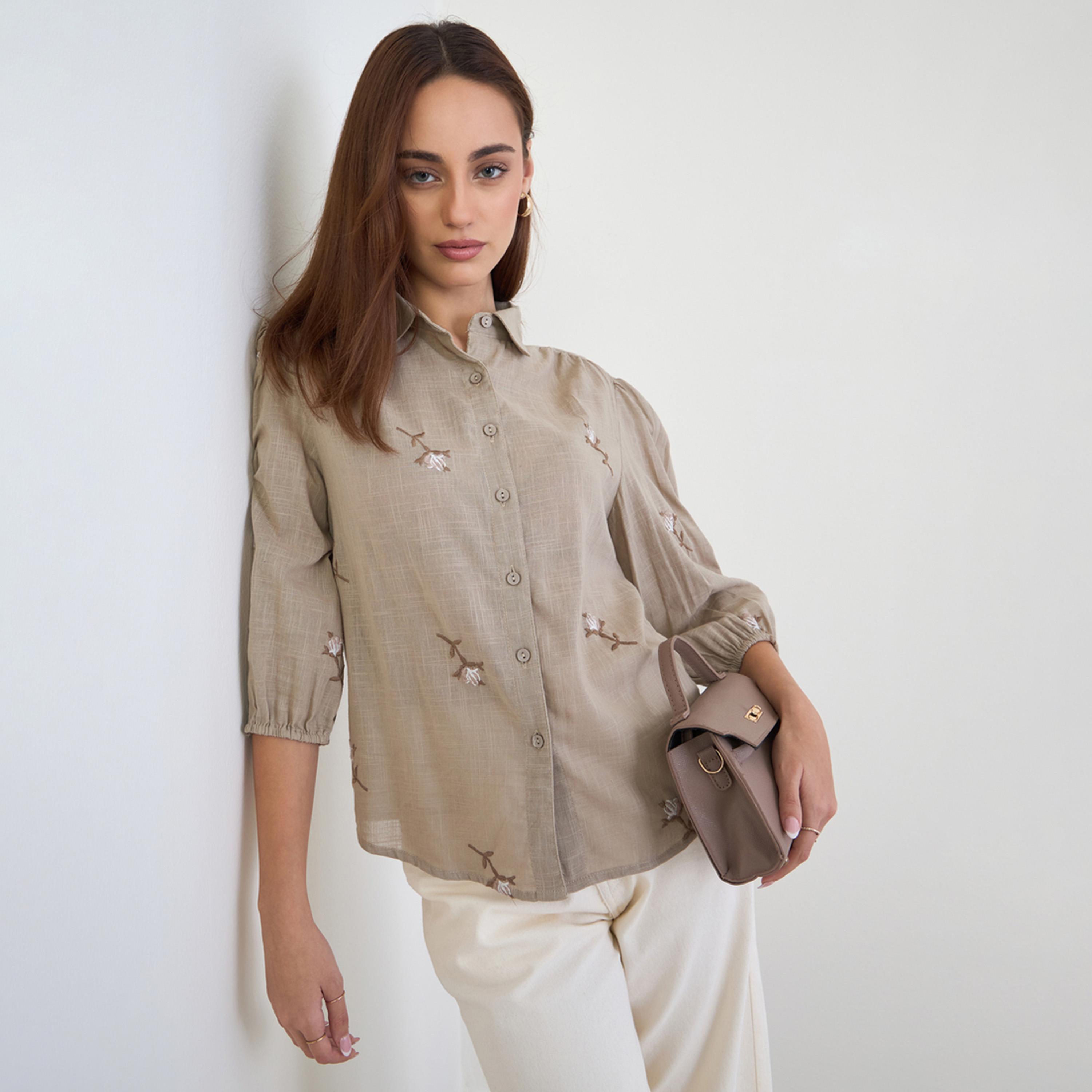 Styli Brown 3/4 Sleeves Embroidered Shirt-women-clothing-shirtsandblouses-shirts-image-1