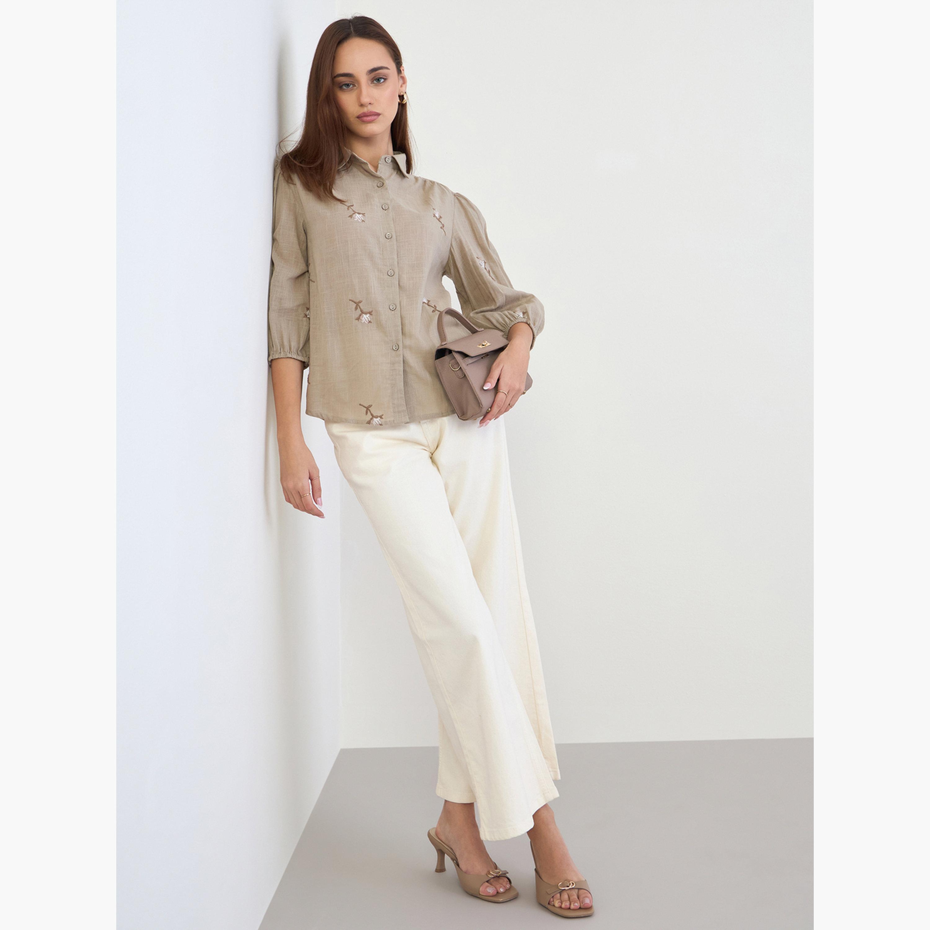 Styli Brown 3/4 Sleeves Embroidered Shirt-women-clothing-shirtsandblouses-shirts-image-2