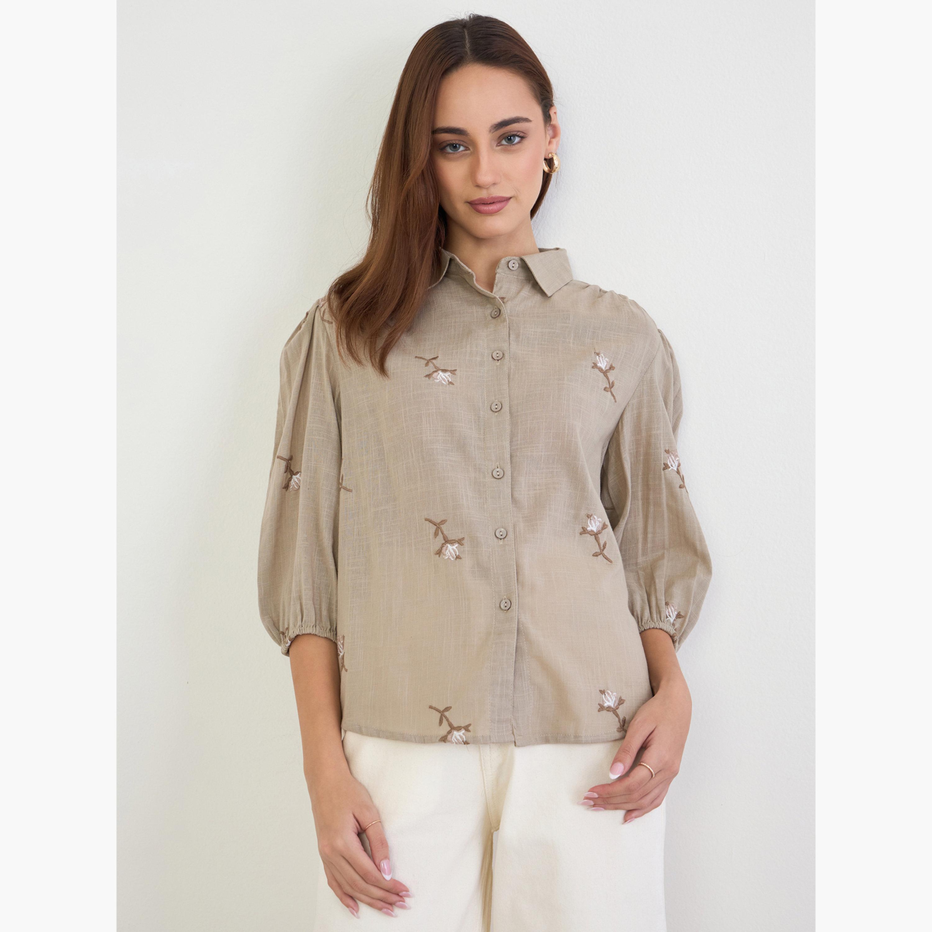 Styli Brown 3/4 Sleeves Embroidered Shirt-women-clothing-shirtsandblouses-shirts-image-3
