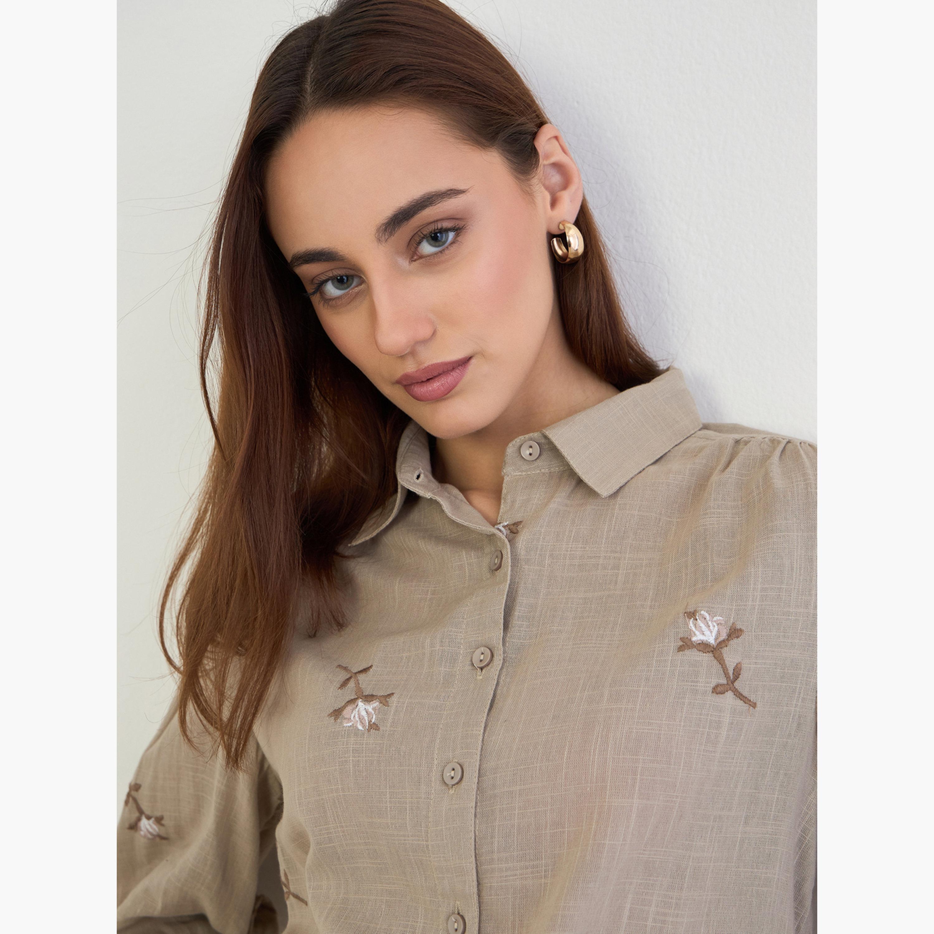 Styli Brown 3/4 Sleeves Embroidered Shirt-women-clothing-shirtsandblouses-shirts-image-4
