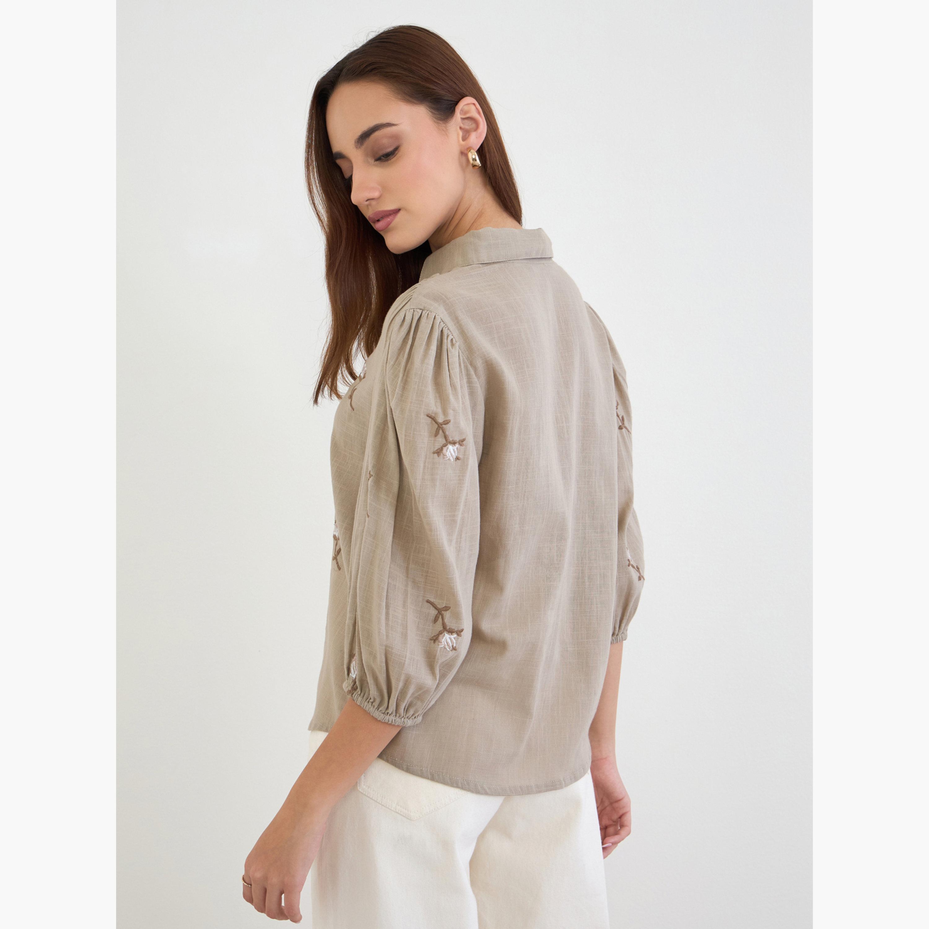 Styli Brown 3/4 Sleeves Embroidered Shirt-women-clothing-shirtsandblouses-shirts-image-5