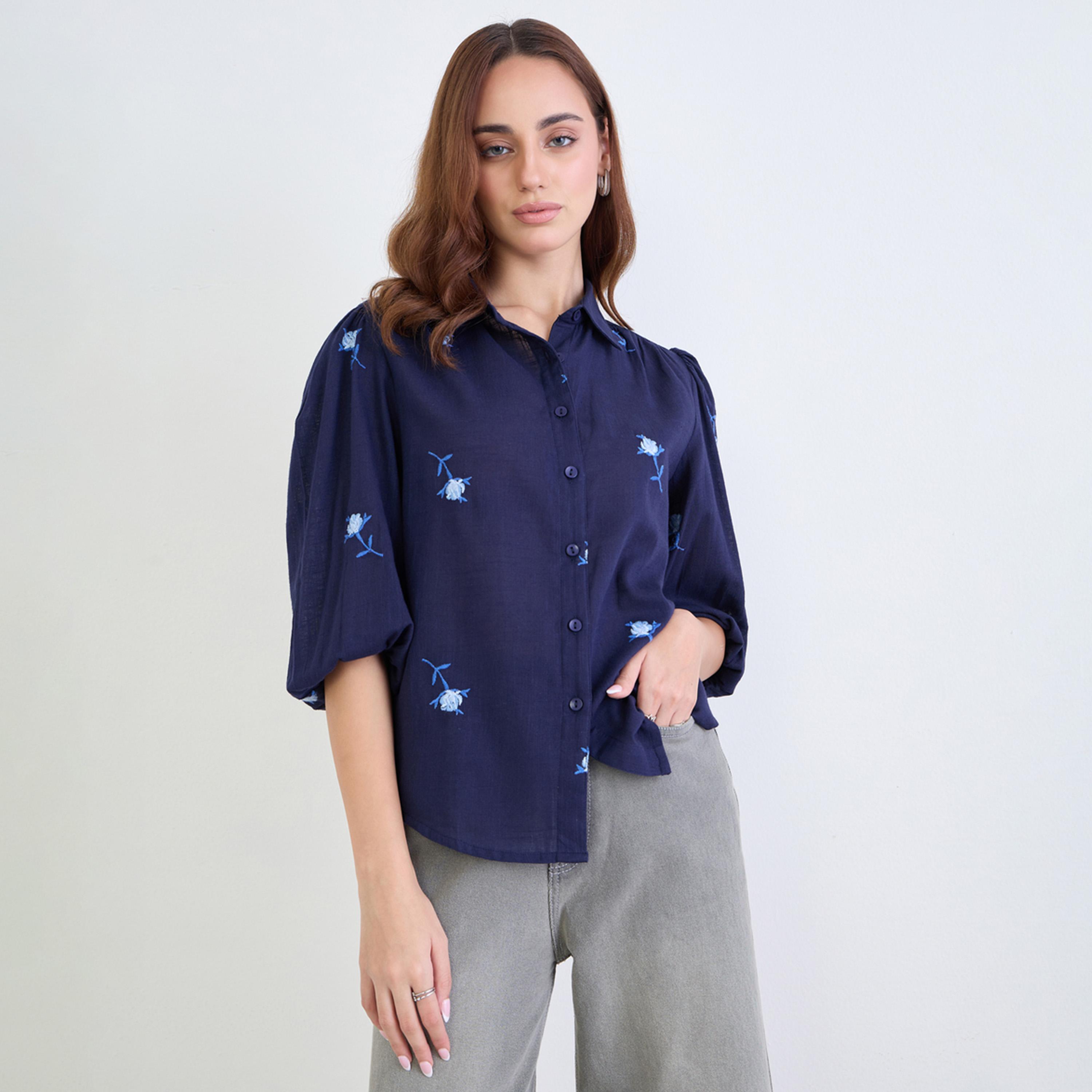Styli Navy Blue 3/4 Sleeves Embroidered Shirt-women-clothing-shirtsandblouses-shirts-image-1