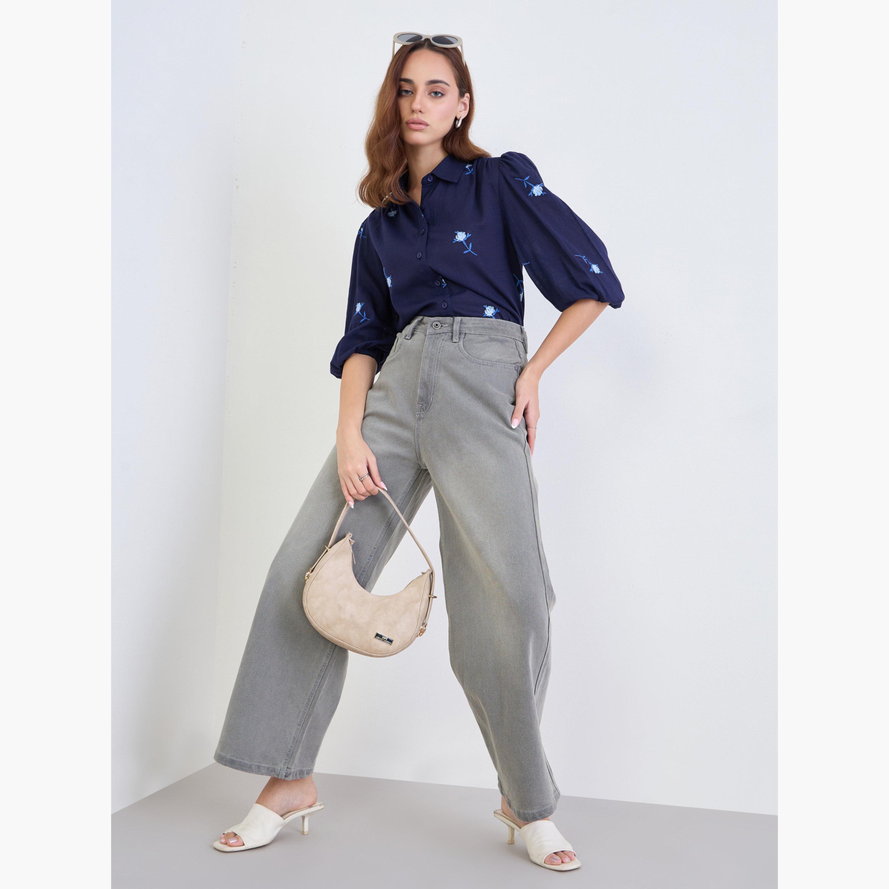 Styli Navy Blue 3/4 Sleeves Embroidered Shirt-women-clothing-shirtsandblouses-shirts-image-2