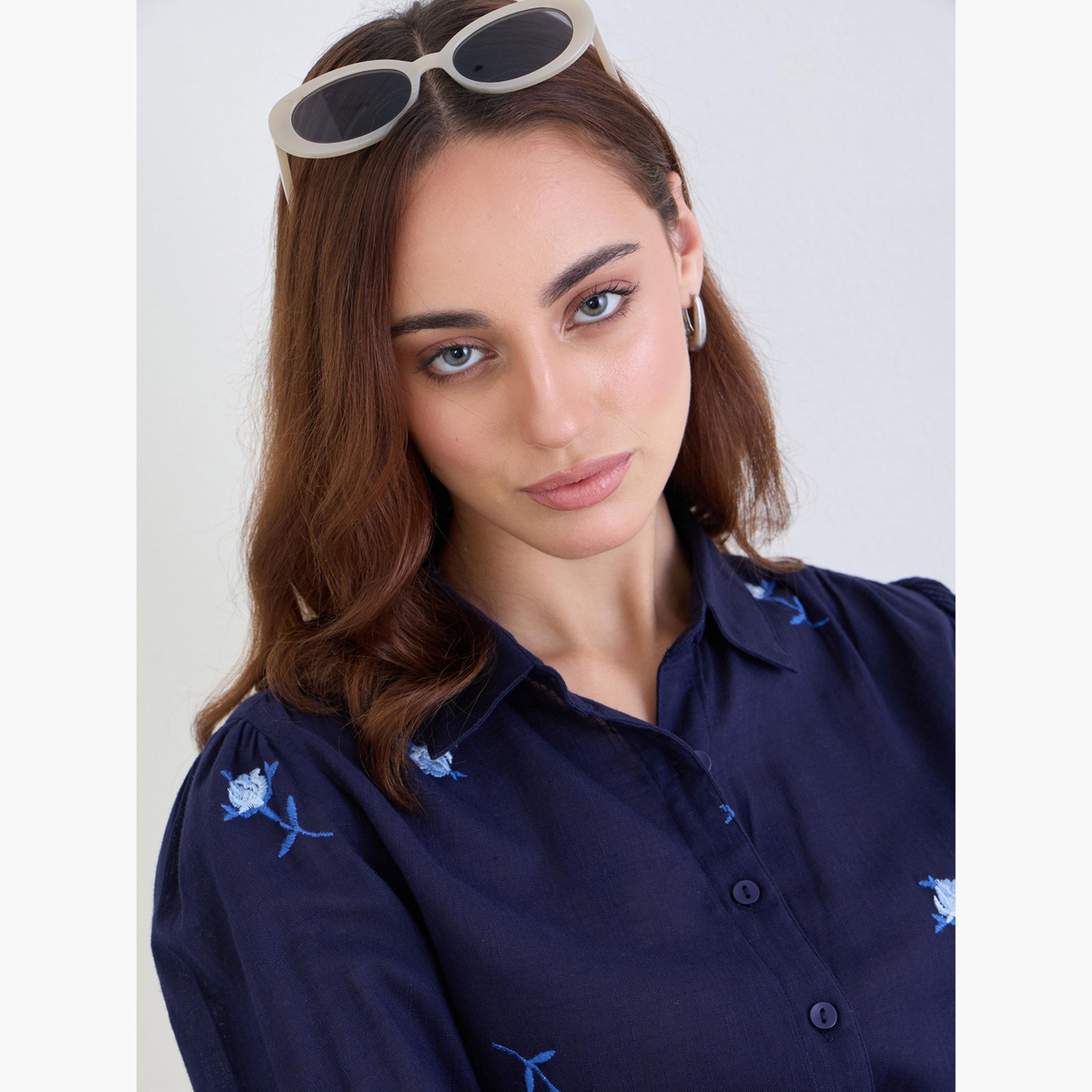 Styli Navy Blue 3/4 Sleeves Embroidered Shirt-women-clothing-shirtsandblouses-shirts-image-4