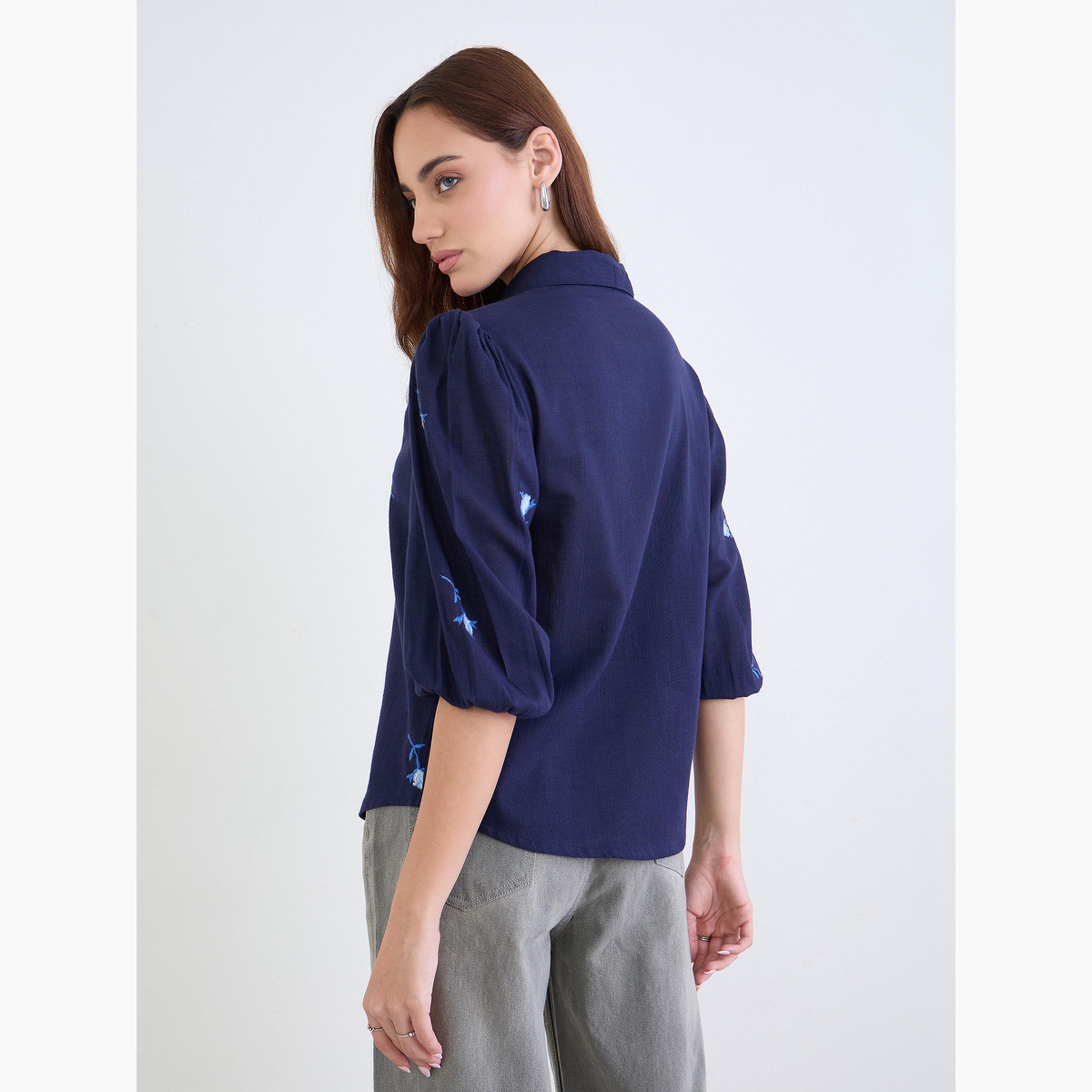 Styli Navy Blue 3/4 Sleeves Embroidered Shirt-women-clothing-shirtsandblouses-shirts-image-5
