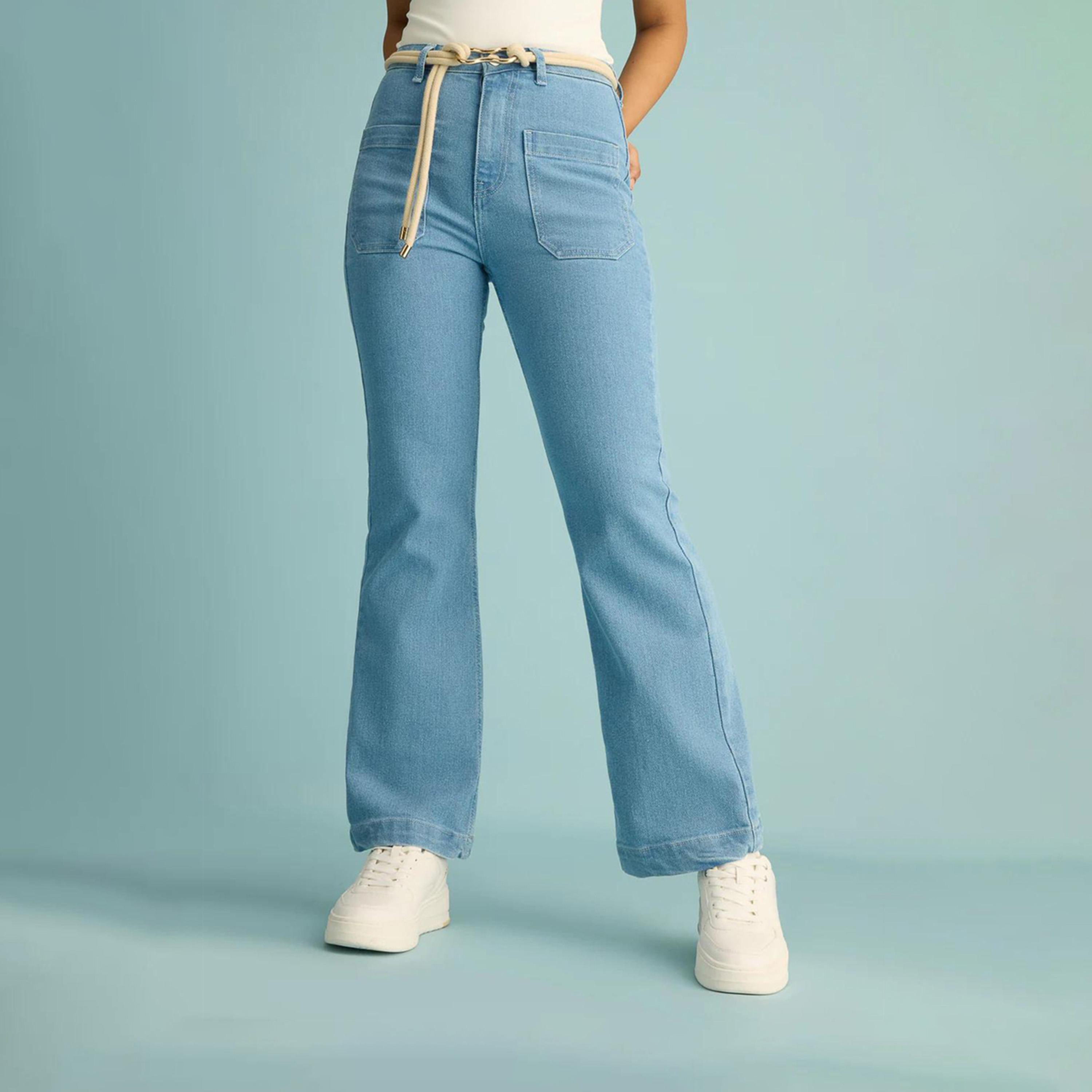 كوتي × ستايلي - بنطال جينز نسائي مستقيم بخصر مرتفع قابل للتمدد ولون فاتح-women-clothing-bottoms-jeans-image-1