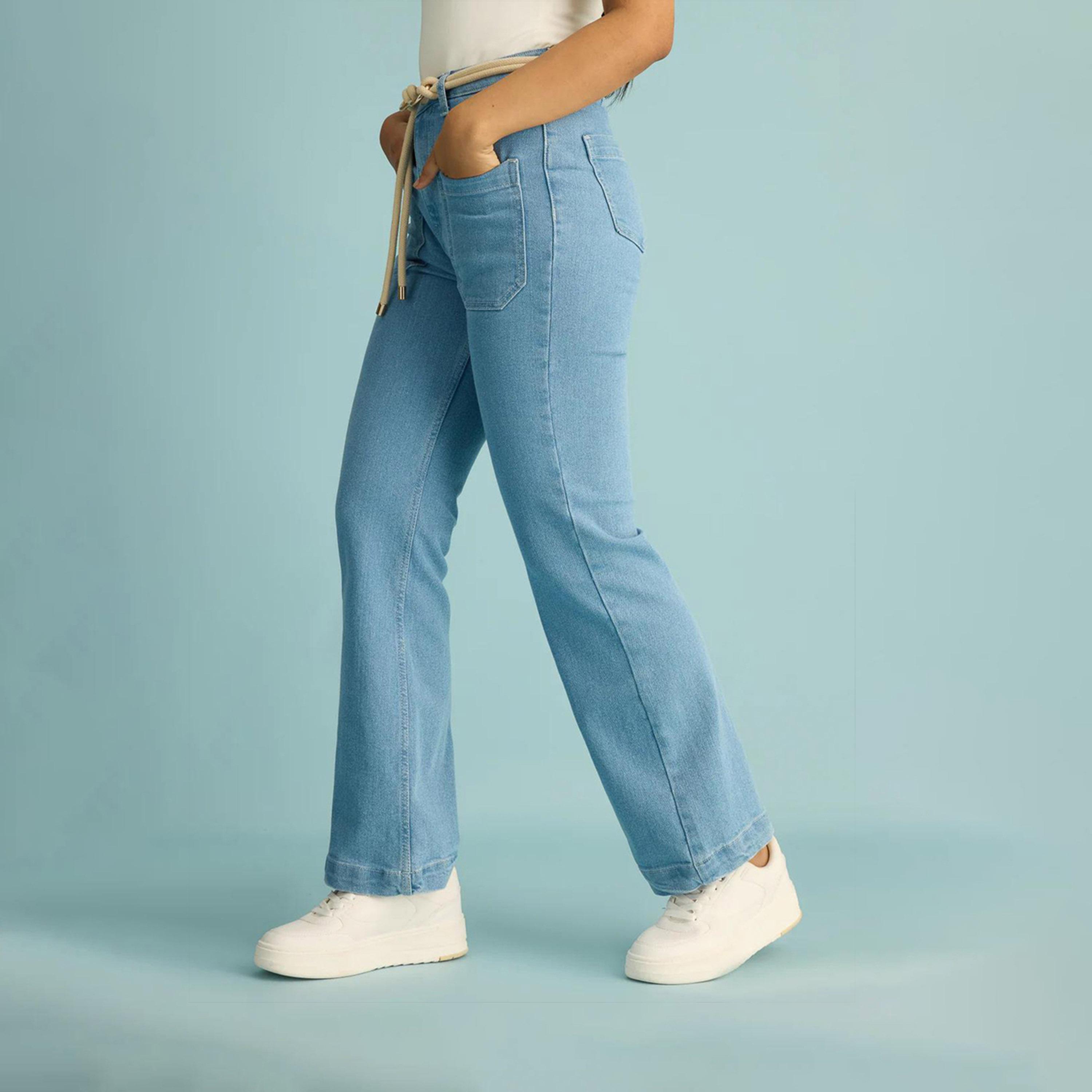 كوتي × ستايلي - بنطال جينز نسائي مستقيم بخصر مرتفع قابل للتمدد ولون فاتح-women-clothing-bottoms-jeans-image-4