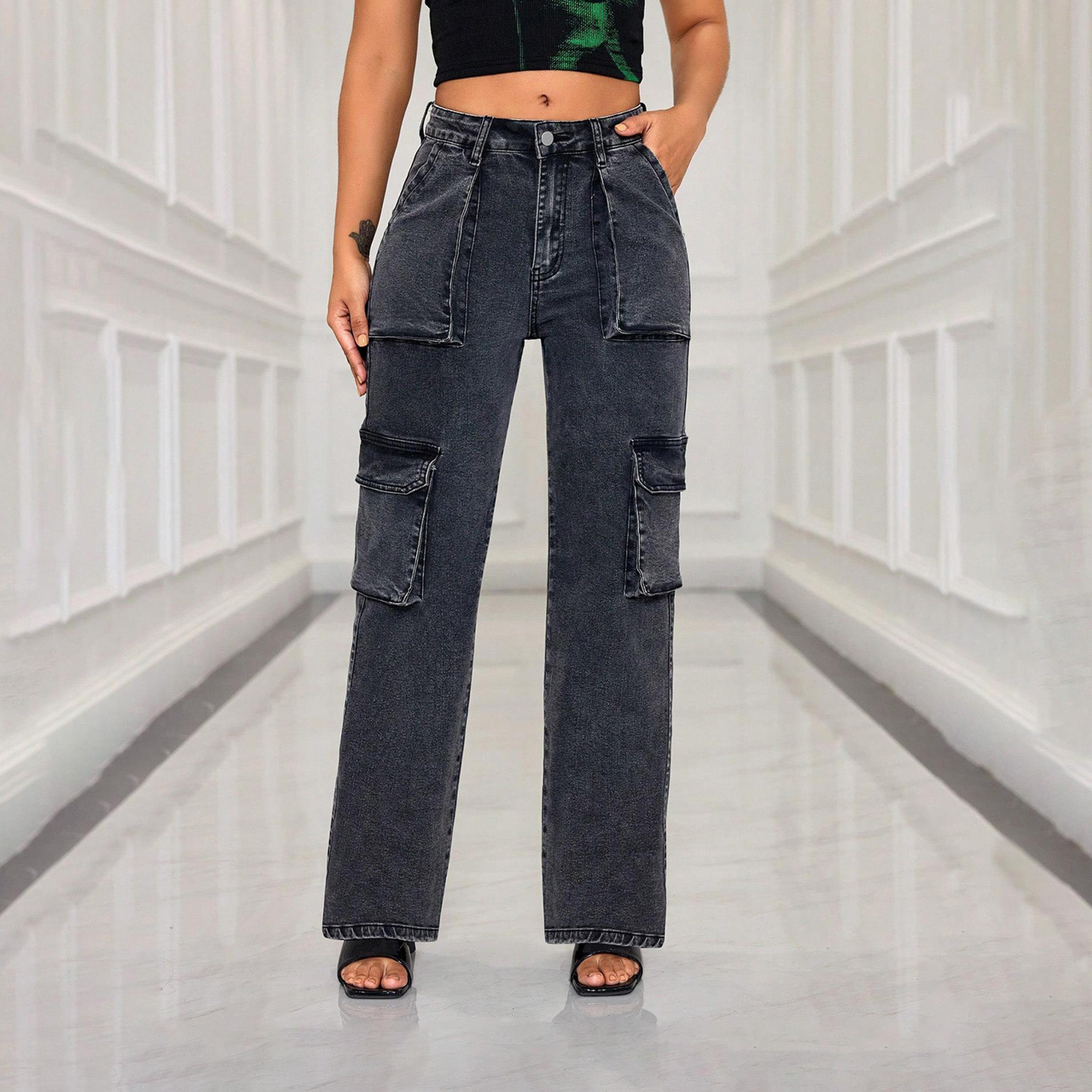 Kotty X Styli Womens Straight Fit High-Rise Light Fade Stretchable Cargo Jeans-women-clothing-bottoms-jeans-image-1