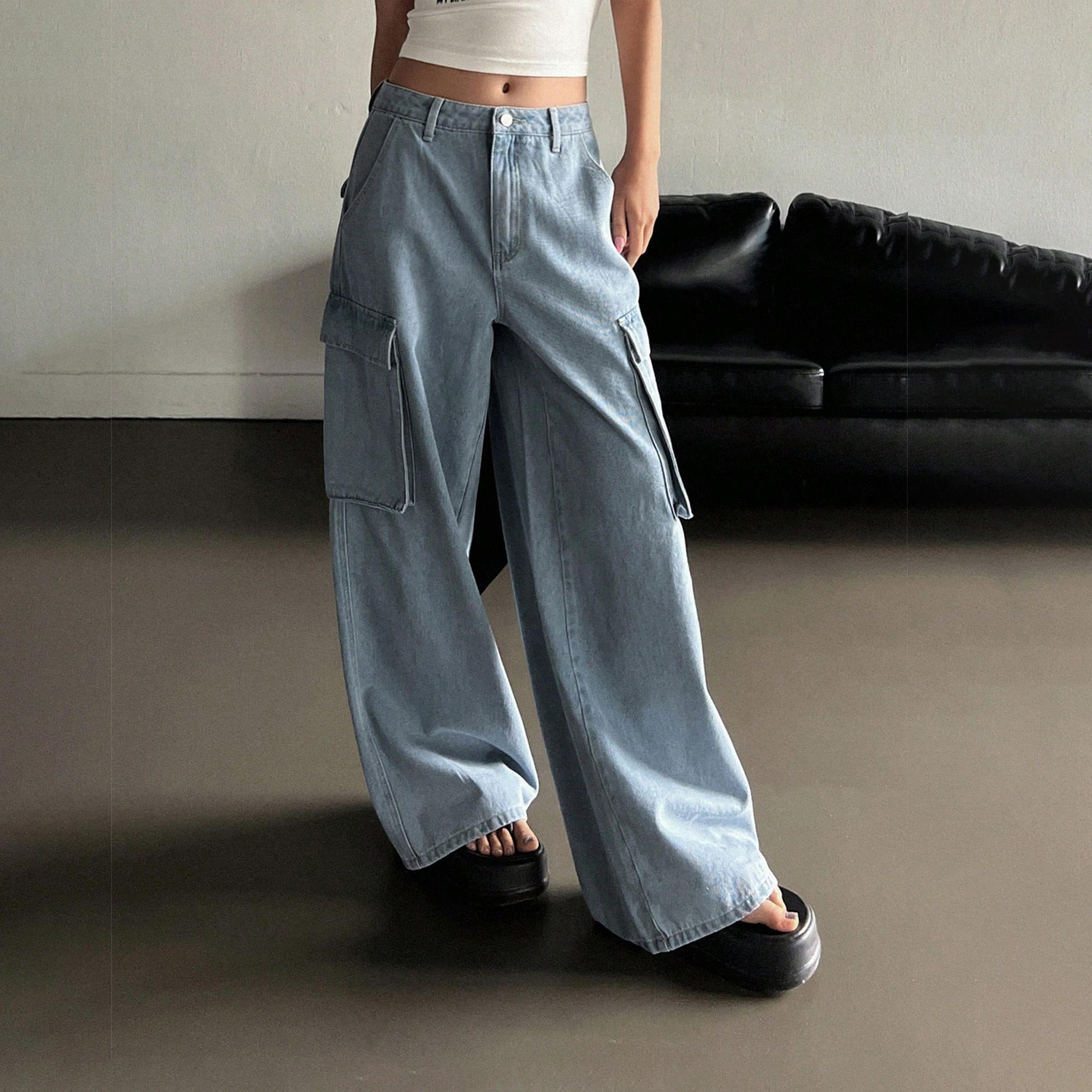Kotty X Styli Womens Wide Leg High-Rise Low Distress Stretchable Cargo Jeans-women-clothing-bottoms-jeans-image-1