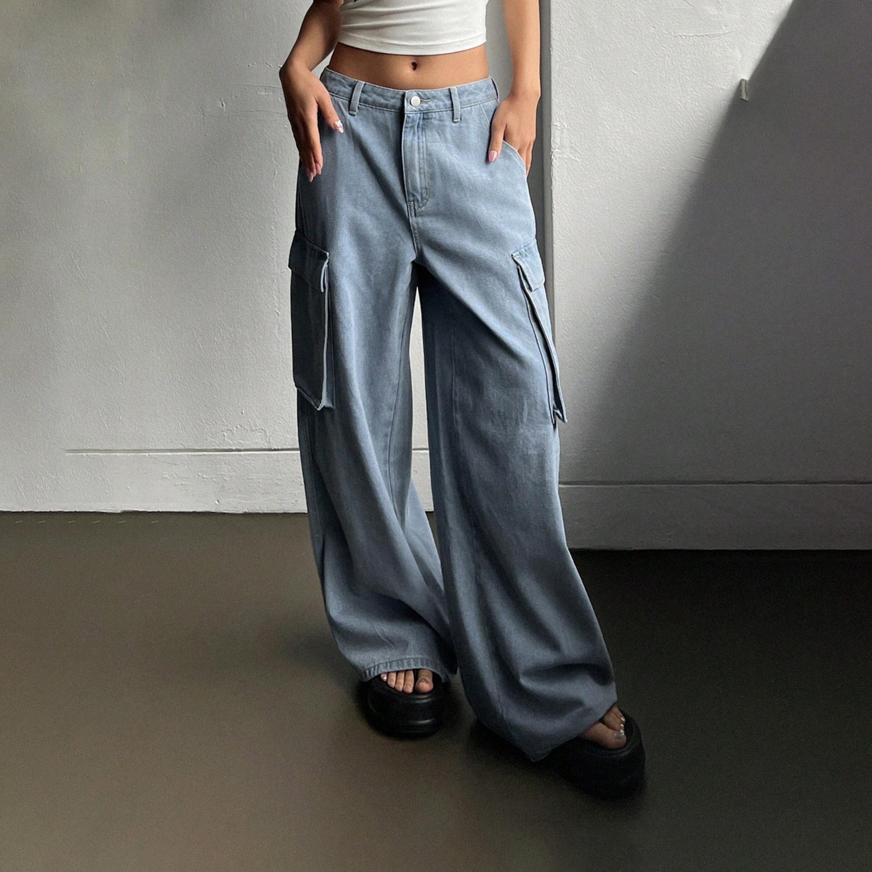 كوتي × ستايلي - بنطال جينز نسائي قابل للتمدد بخصر عالٍ وقصة واسعة وتآكل خفيف-women-clothing-bottoms-jeans-image-3