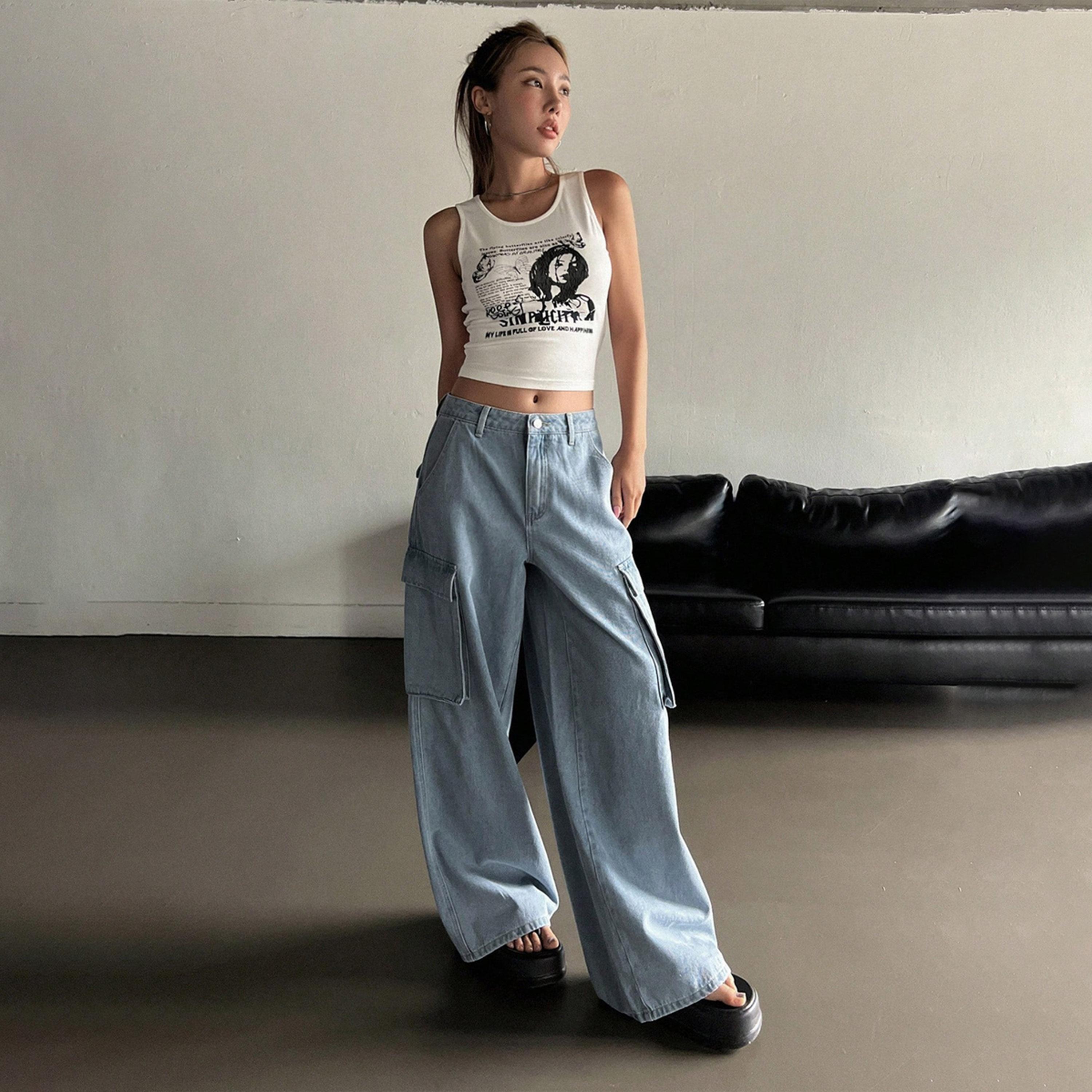 كوتي × ستايلي - بنطال جينز نسائي قابل للتمدد بخصر عالٍ وقصة واسعة وتآكل خفيف-women-clothing-bottoms-jeans-image-4
