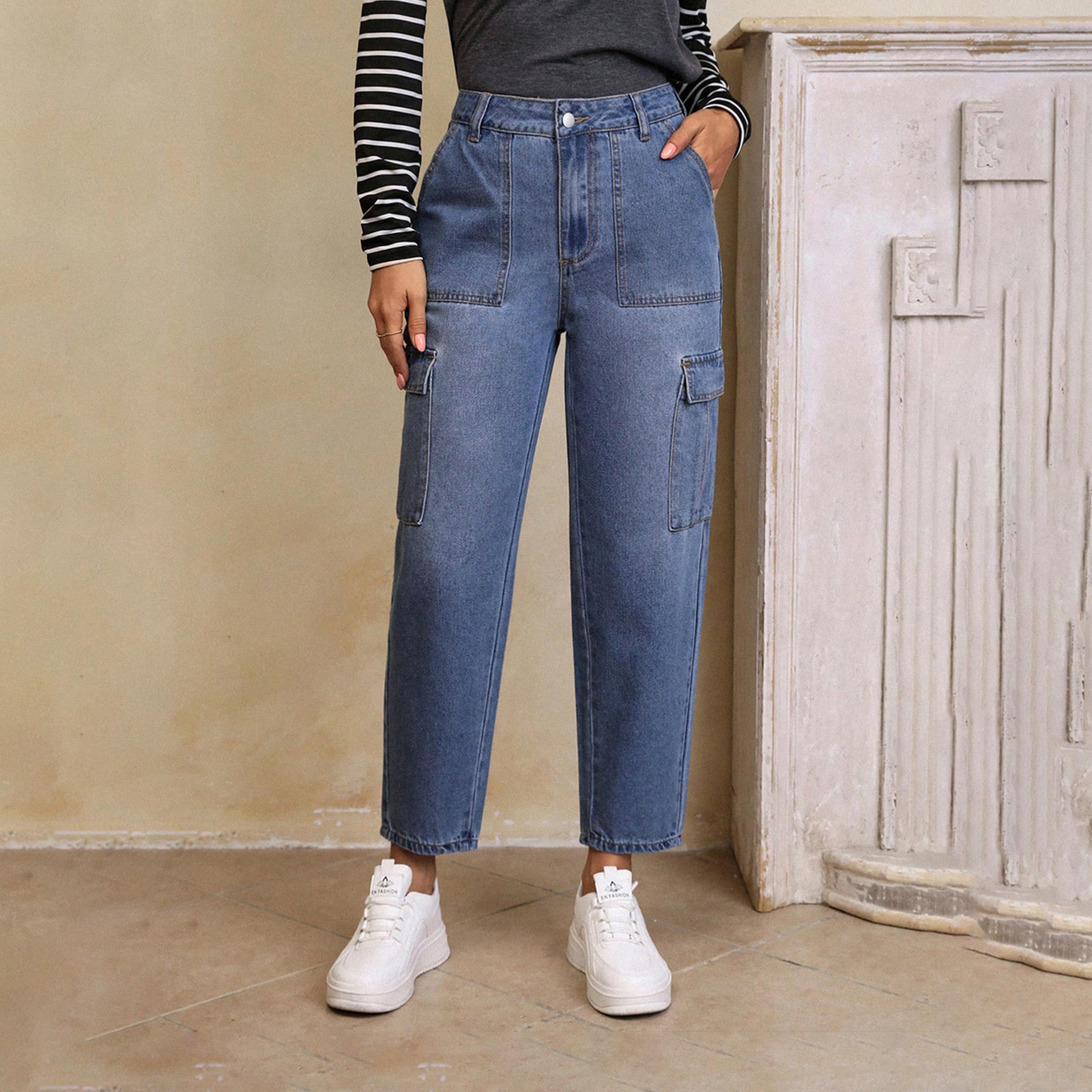 كوتي × ستايلي - بنطال جينز كارغو نسائي ضيق بخصر عالٍ وبتصميم باهت ومطاطي-women-clothing-bottoms-jeans-image-3