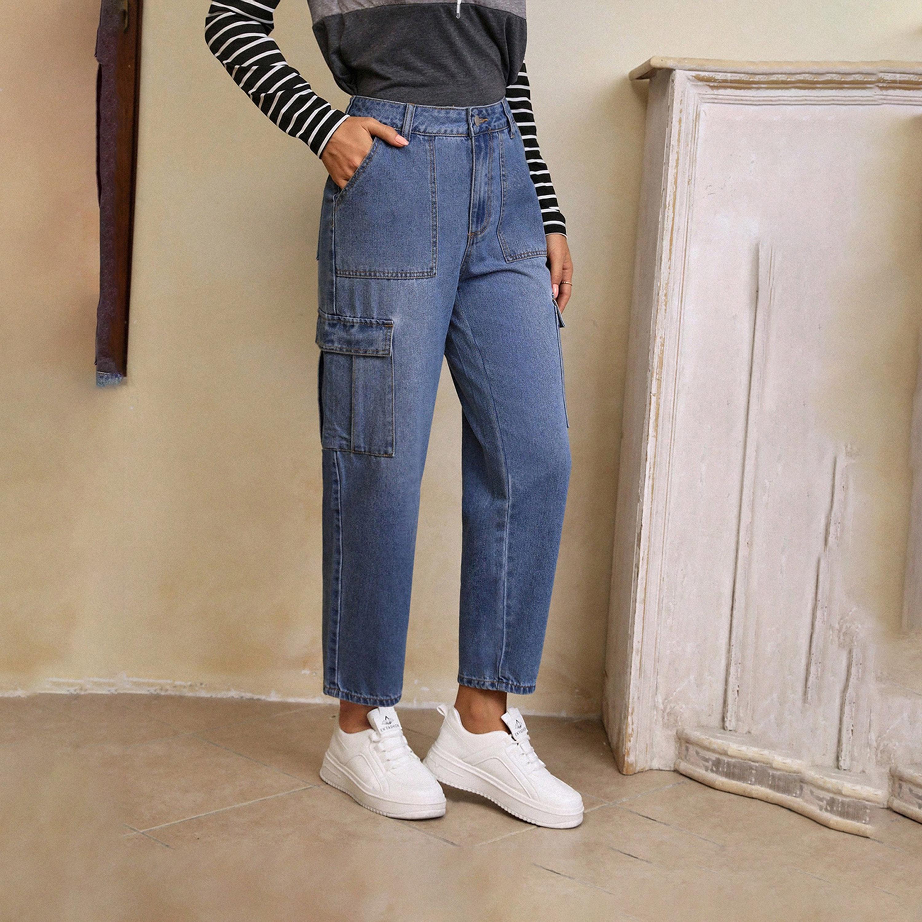 كوتي × ستايلي - بنطال جينز كارغو نسائي ضيق بخصر عالٍ وبتصميم باهت ومطاطي-women-clothing-bottoms-jeans-image-4