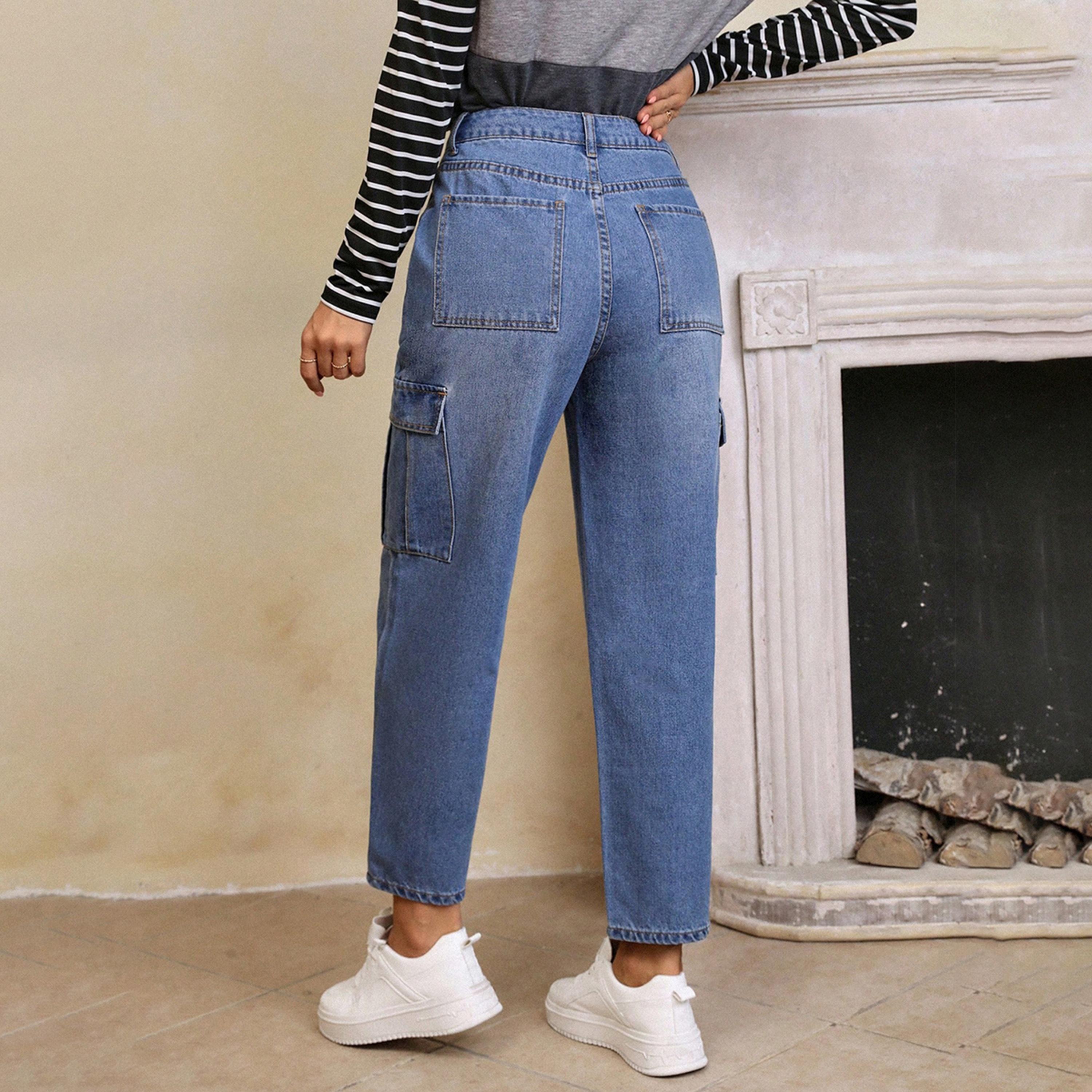 كوتي × ستايلي - بنطال جينز كارغو نسائي ضيق بخصر عالٍ وبتصميم باهت ومطاطي-women-clothing-bottoms-jeans-image-5